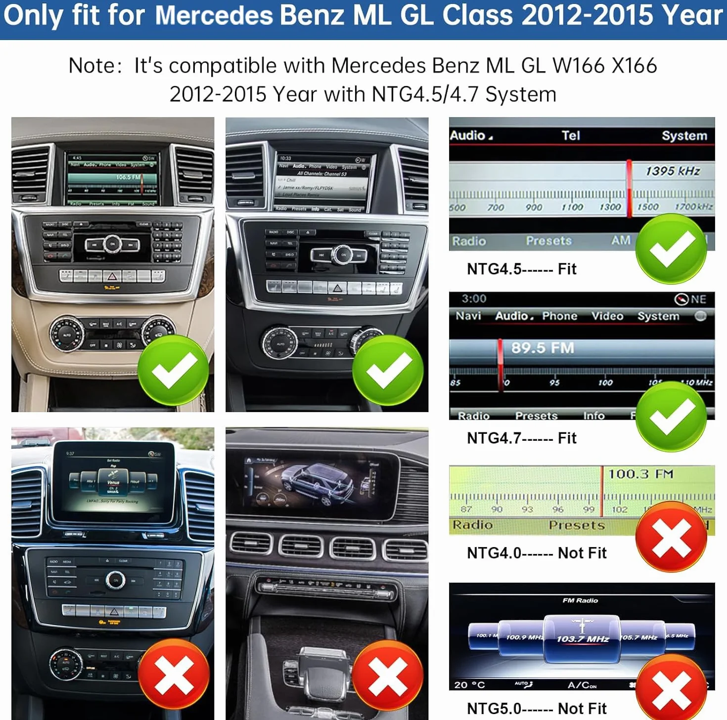 Road Top Ekran CarPlay, 12,3-calowe radio samochodowe stereo dla Mercedes Benz ML GL W166 X166 2012-2015 rok, radio samochodowe z wąską ramką dla CarPlay/Android Auto