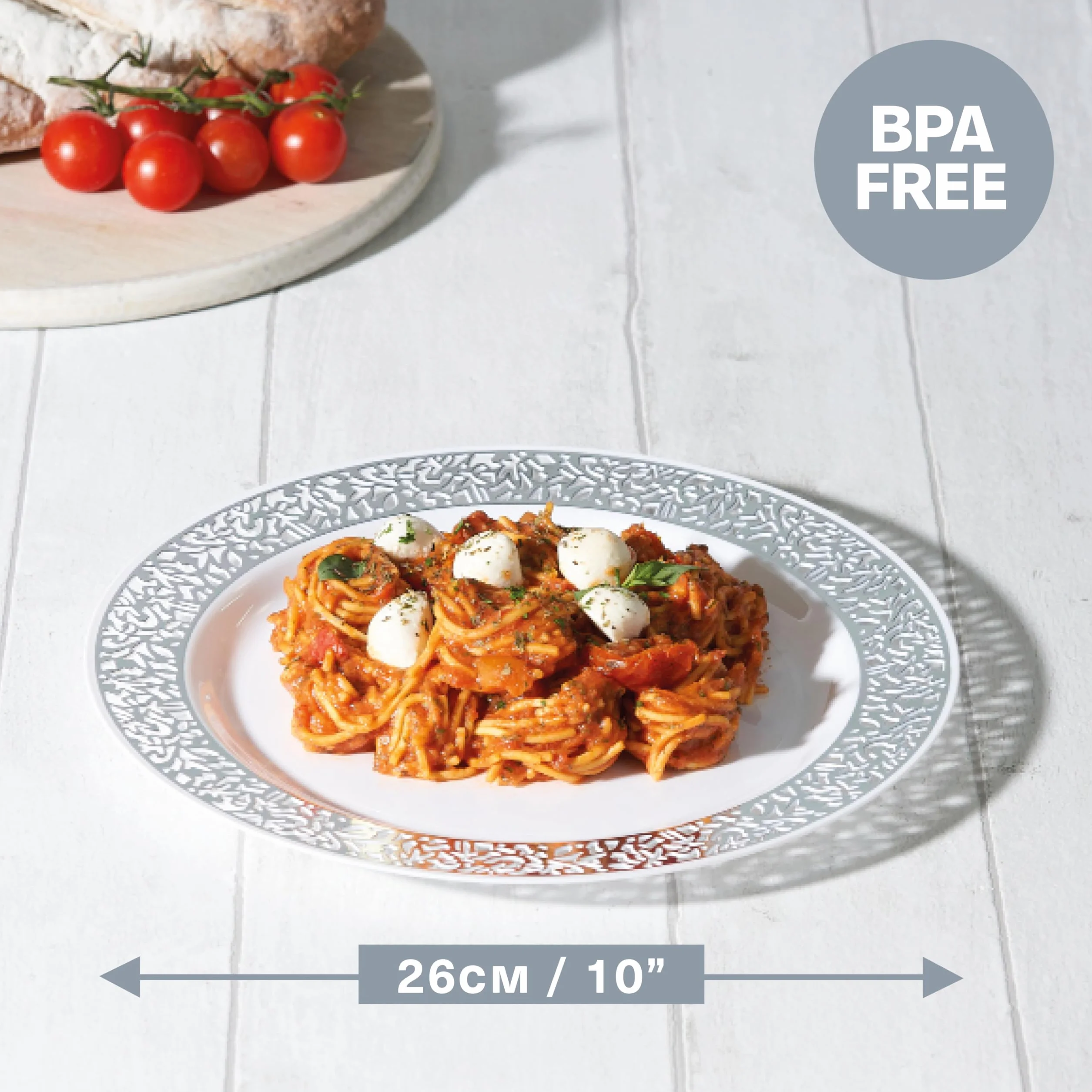 MATANA 20 Białych Plastikowych Talerzy ze Srebrną Obwódką, 26cm - Eleganckie, Wytrzymałe i Wielokrotnego Użytku - Wesela, Urodziny, Chrzciny, Grill, Boże Narodzenie, Przyjęcia
