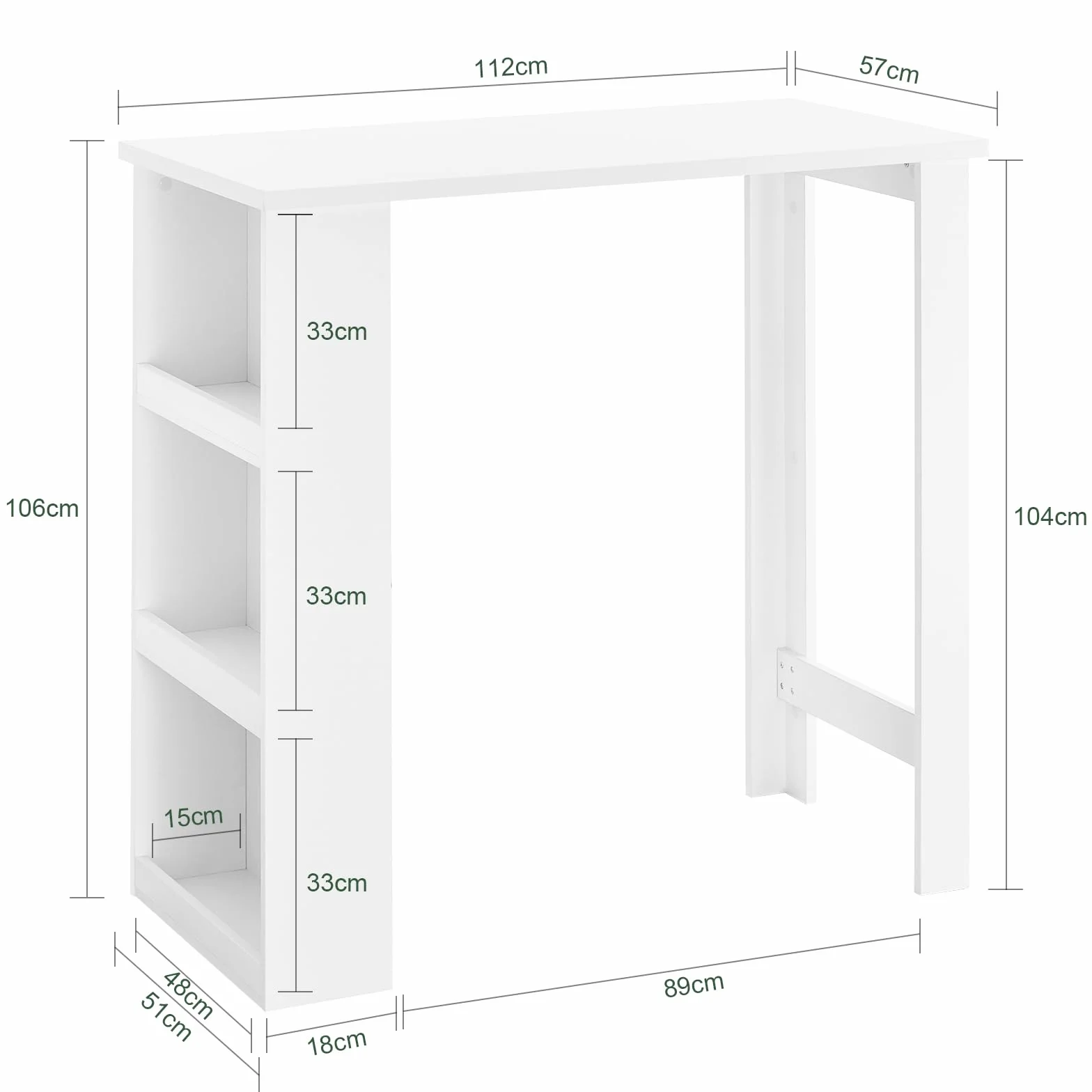 SoBuy Wysoki Stół Kuchenny Barowy z Półkami, Biały, 112 x 57 x 106 cm FWT17-II-W