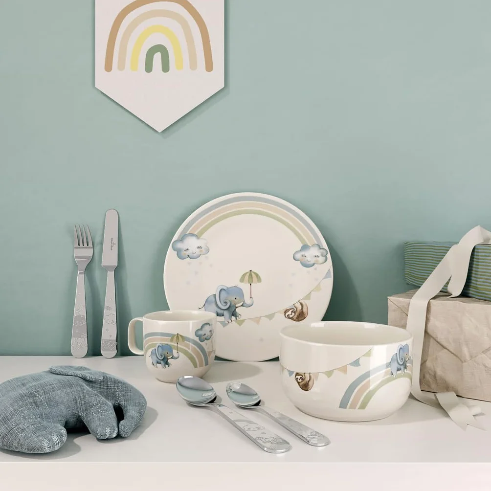 Villeroy & Boch - Boho kids "Walk like an elephant" Komplet naczyń dla dzieci 7 szt.,z porcelany i sztućce ze stali nierdzewnej, Nadaje się do kuchenki mikrofalowej i zmywarki, Wielokolorowy