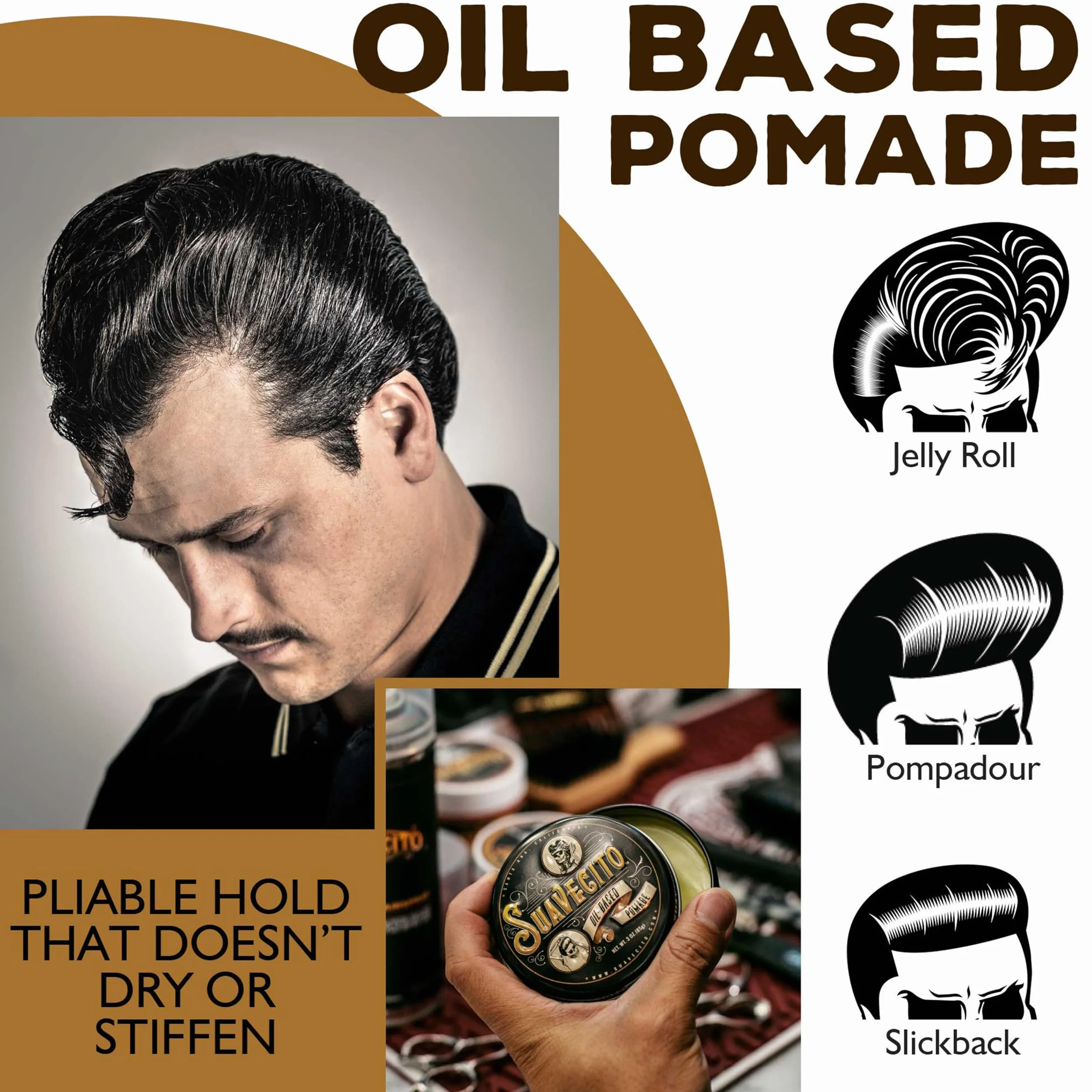 Suavecito Oil Based Pomade, Healthy Shine Long Lasting Hold, Medium Hold & Shine, Perfect For Any Hair Type, 3oz/85g