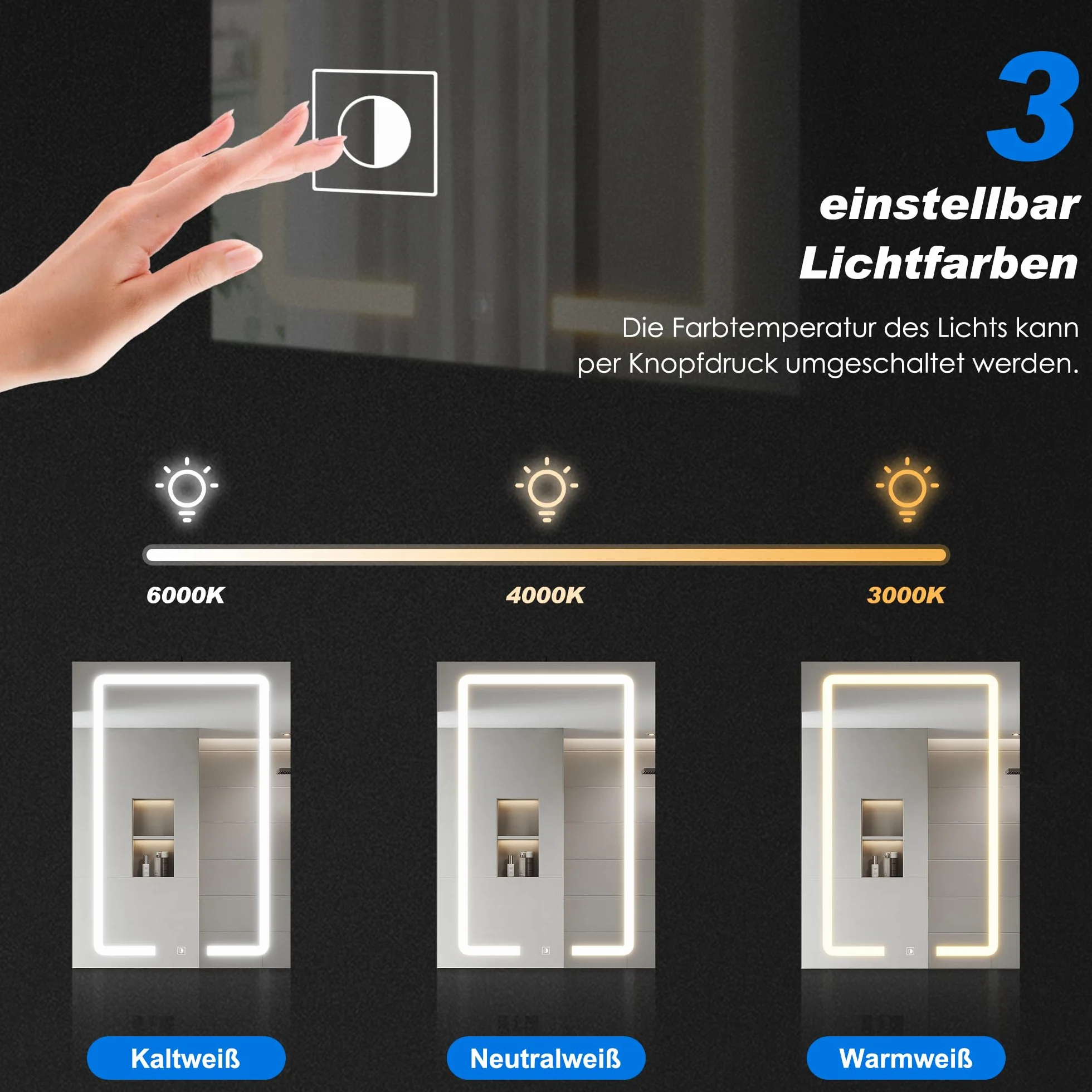 SONNI Szafka z lustrem LED z organizerem na kosmetyki, 50 x 70 cm, gniazdko elektryczne i 3-krotne powiększenie, 3 kolory światła, możliwość przyciemniania – ciemnoszara