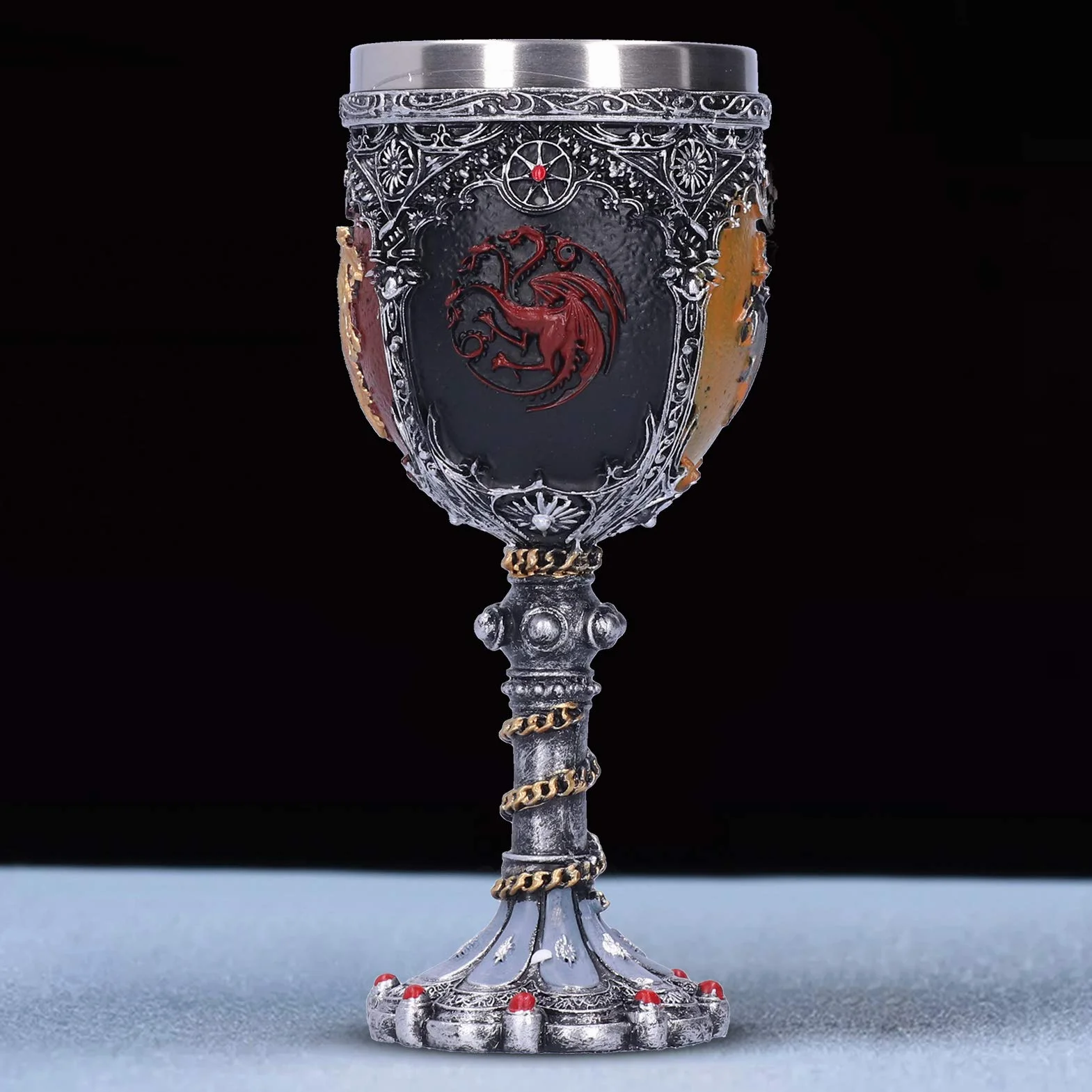 Średniowieczny kieliszek do wina w stylu vintage, ze stali nierdzewnej i żywicy, metalowy kieliszek do wina, relief, dekoracja na imprezę, do domu, baru
