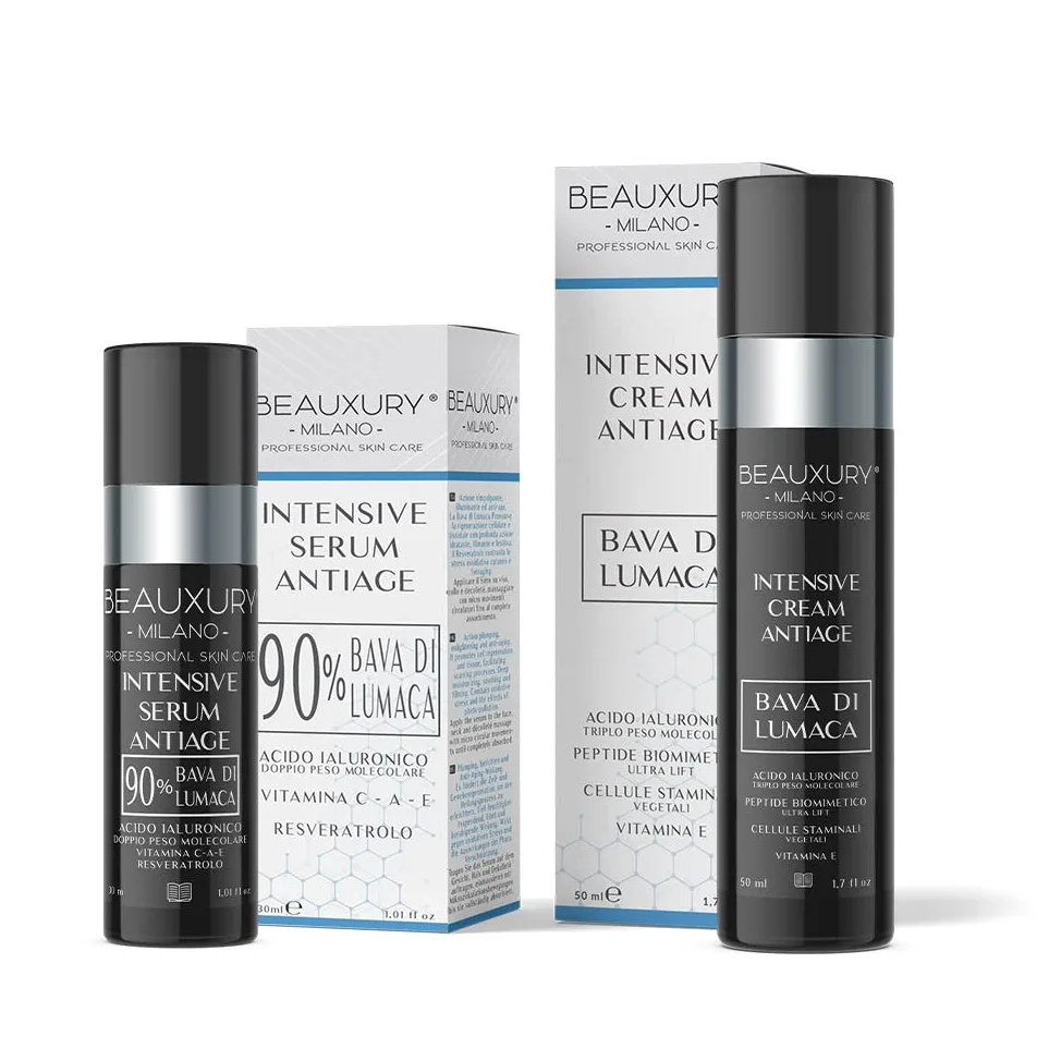 Beauxury Milano Serum przeciwzmarszczkowe do twarzy ze ślimakiem 90% i kremem przeciw starzeniu, efekt unoszący się i unoszący się z kwasem hialuronowym – zestaw Normalizujący Sebo, idealny do skóry