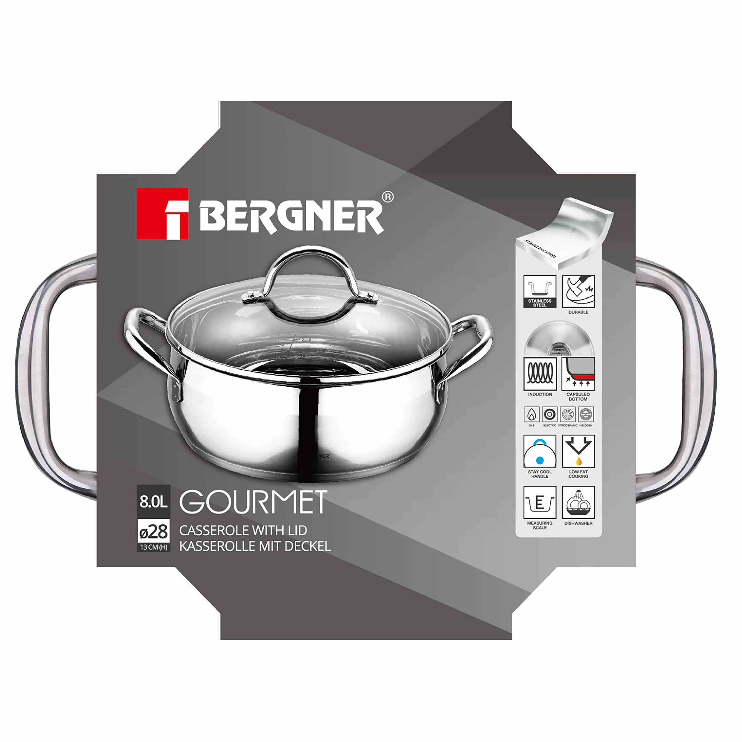 BERGNER Gourmet garnek ze stali nierdzewnej 8 l ze szklaną pokrywką