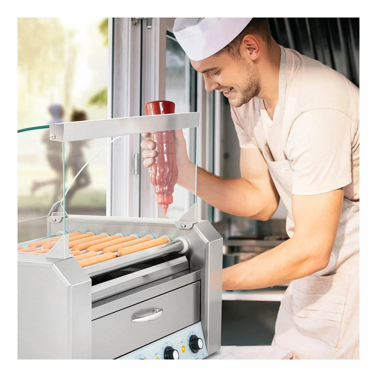 Royal Catering - Hot Dog Grill Hot Dog Maszyna (9 kółek, stal nierdzewna, 2200 W, 2 strefy grzewcze, wyjmowana szuflada na tłuszcz, szuflada na ciepło, 16 kiełbasek, z pokrywą ze szkła hartowanego)