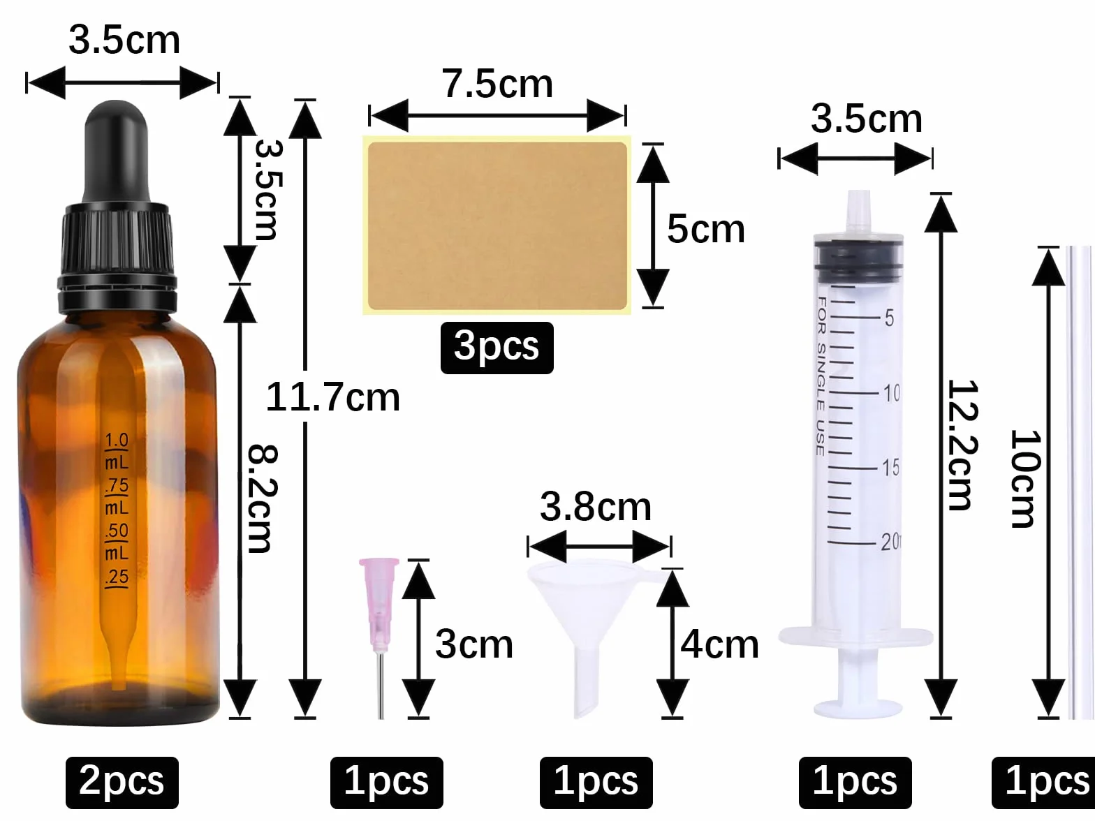 Szklana butelka z pipetą z pipetą, zestaw 2 szt. 50 ml, małe butelki z brązowego szkła, butelki z pipetą, butelki szklane z czarną nasadką z pipetą, 5 akcesoriów pomocniczych