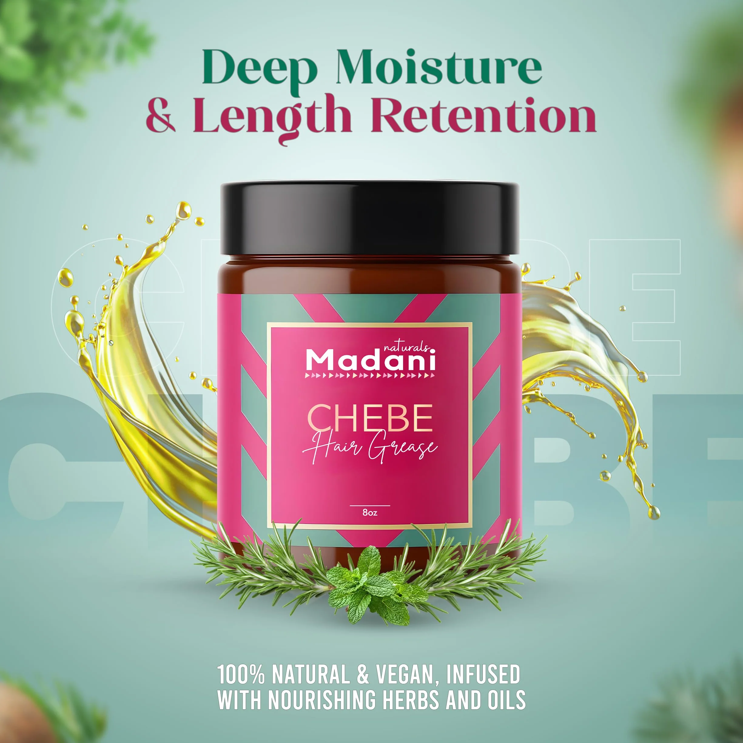 Madani Naturals Chebe Smar do wzrostu włosów z olejkiem rozmarynowym, przerzedzające się włosy i leczenie wypadania włosów, dla mężczyzn i kobiet, masło wegańskie