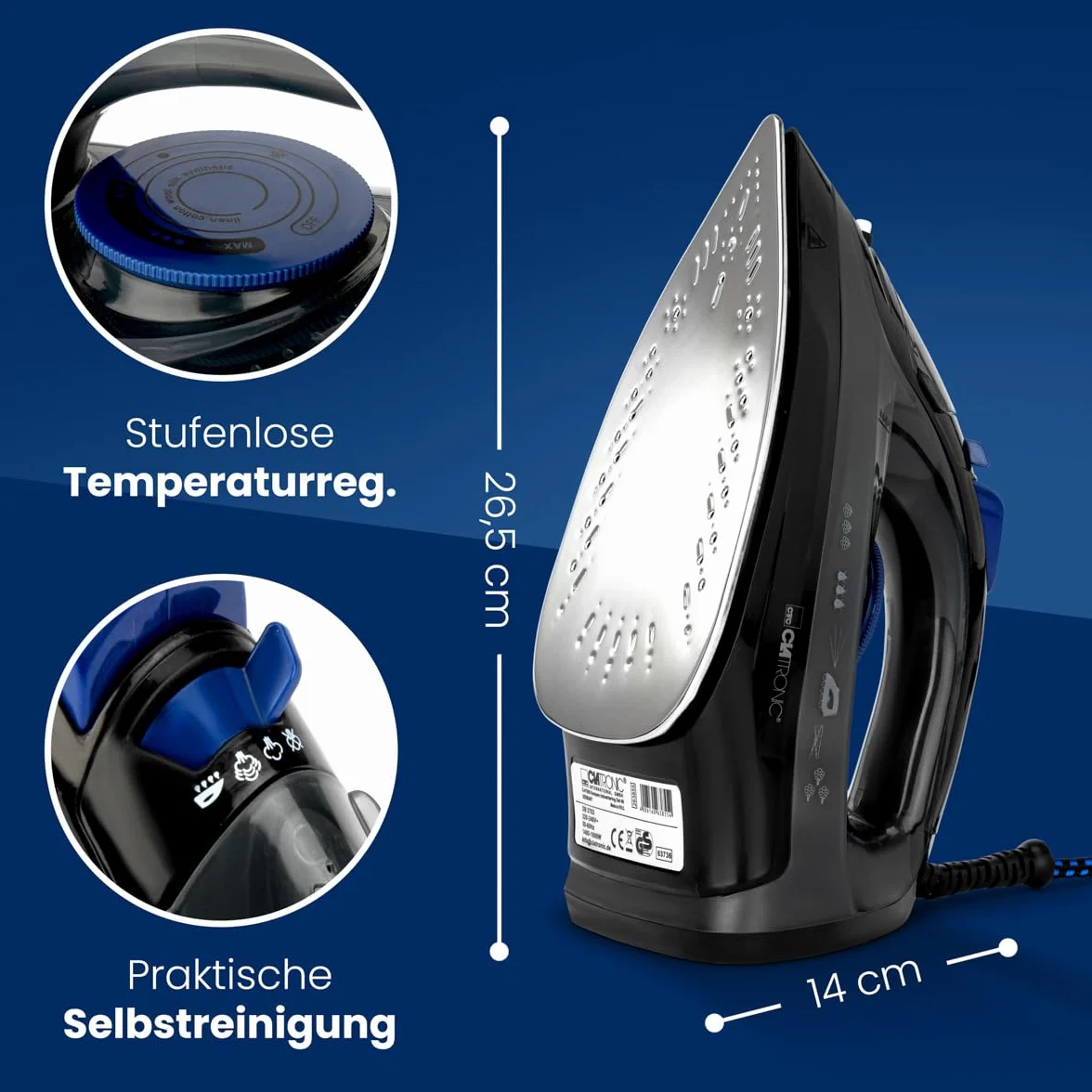 Clatronic DB 3703 263855 Żelazko Parowe, 1800 W, Czarno/Niebieski