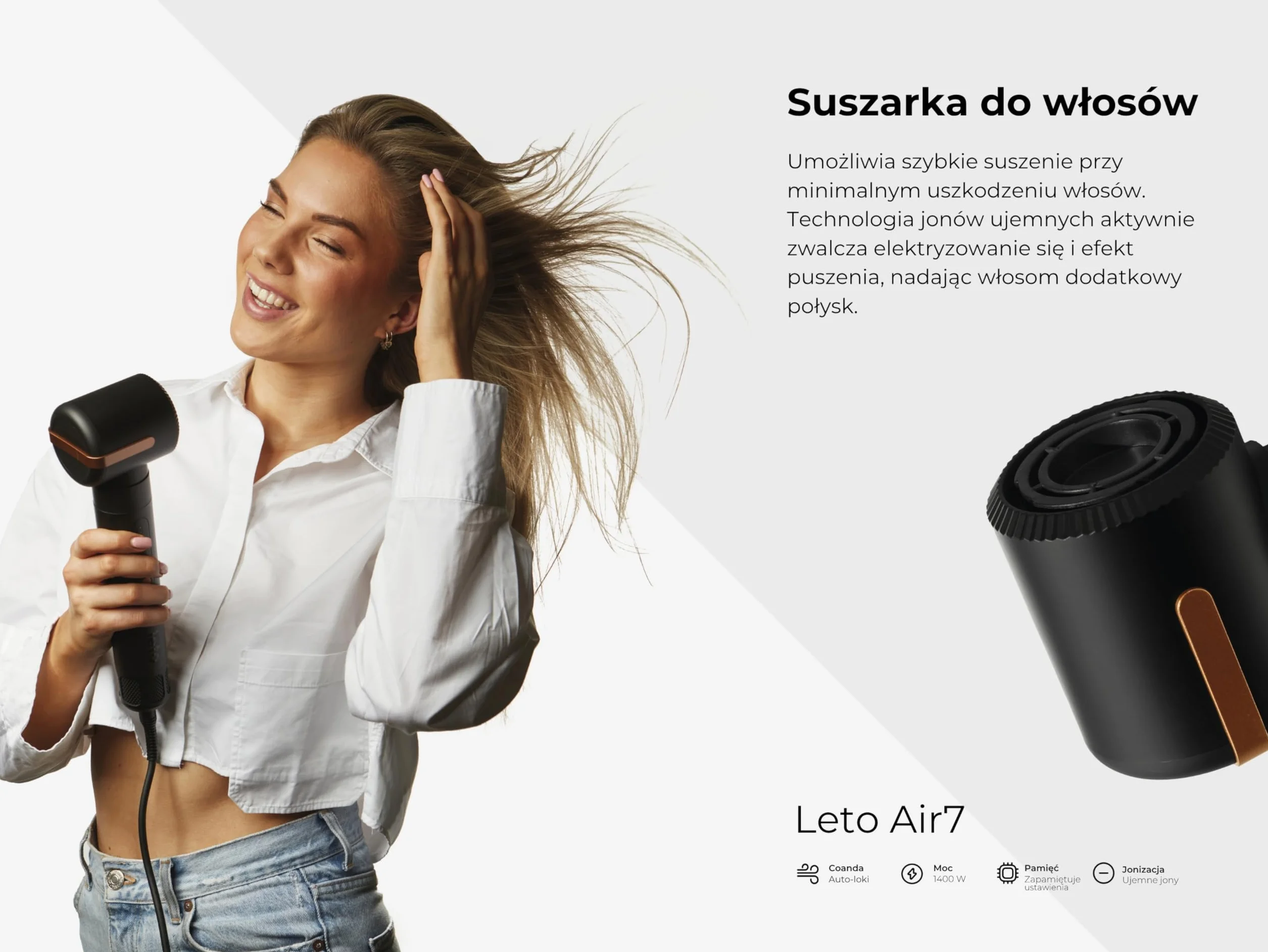 Leto 7 w 1 Hot Air Brush & Hair Dryer – okrągła szczotka, lokówka, prostownica, dyfuzor, koncentrator, Coanda, jonowa, 1400W BLDC