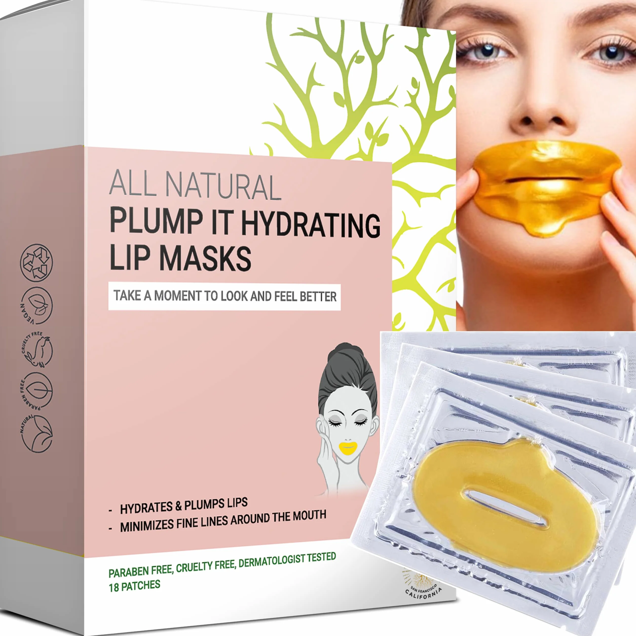 PLUMP IT Moisturizing Lip Mask for Dry Lips (18 patches) - lip plumper, moisturizer, chapped lip overnight care and repair, conditioning lip exfoliator treatment - Formulated in San Francisco