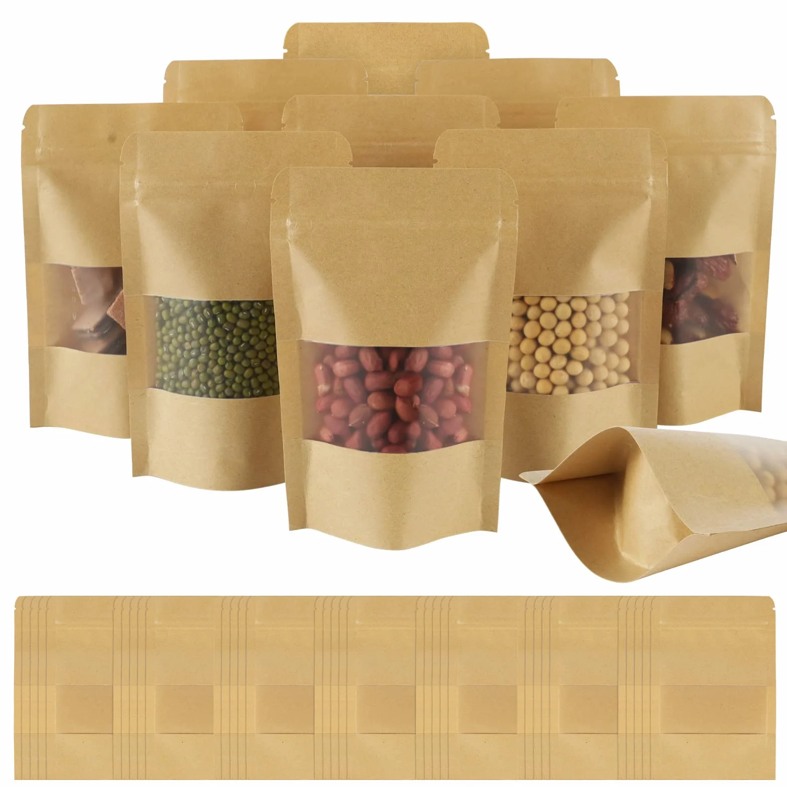 AUAUY 55 szt. torebki stand up, torby kraftowe z okienkiem, 9 x 14 cm, brązowe, zamykane, z wycięciem, papierowe torby z zamkiem błyskawicznym do domu lub biznesu