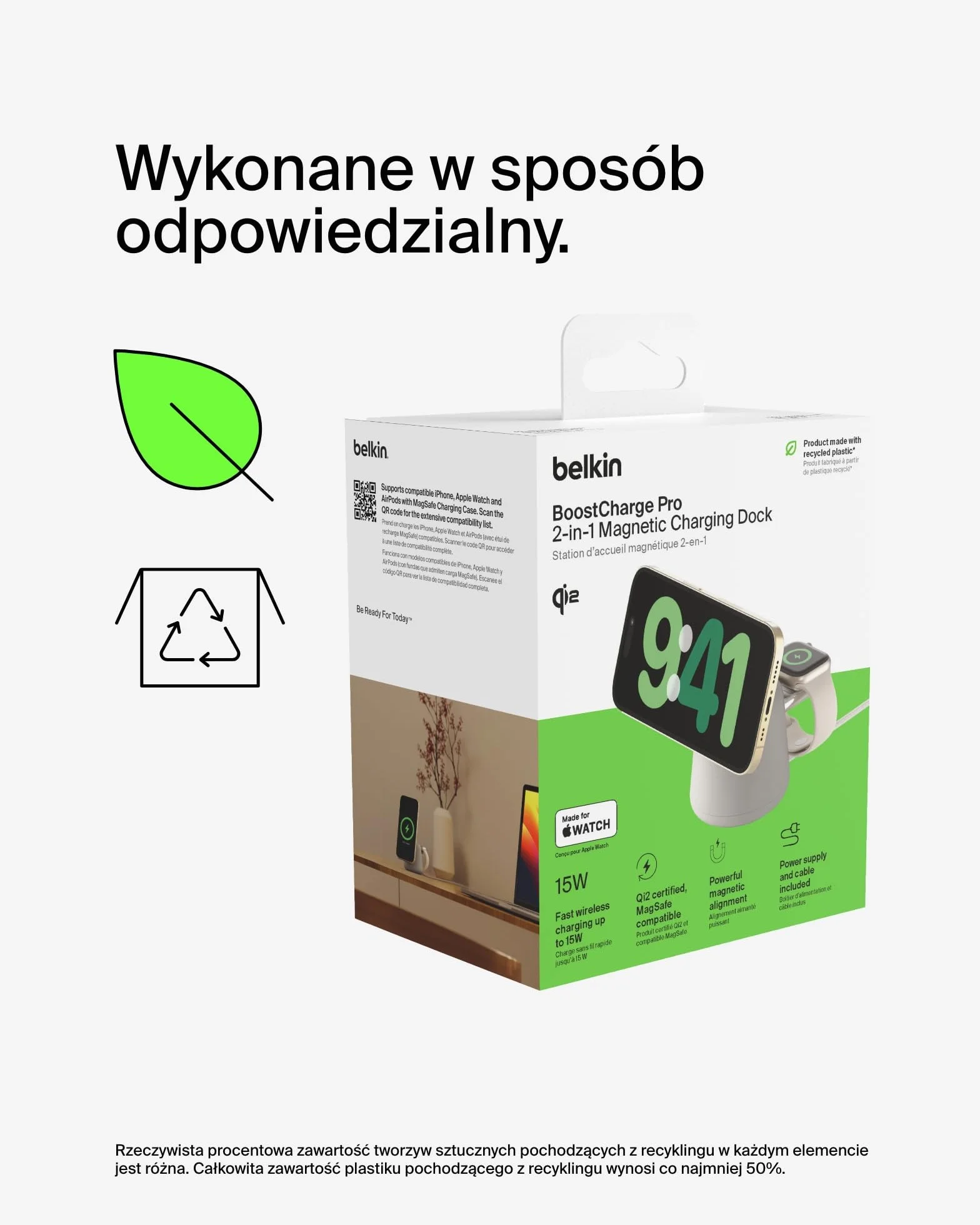 Belkin BoostCharge Pro bezprzewodowa stacja ładująca 2 w 1 z Qi2, 15 W, kompatybilna z MagSafe ładowarka do iPhone 17, Air, Pixelsnap, Apple Watch, AirPods, innych urządzeń Qi2, łącznie z zasilaczem