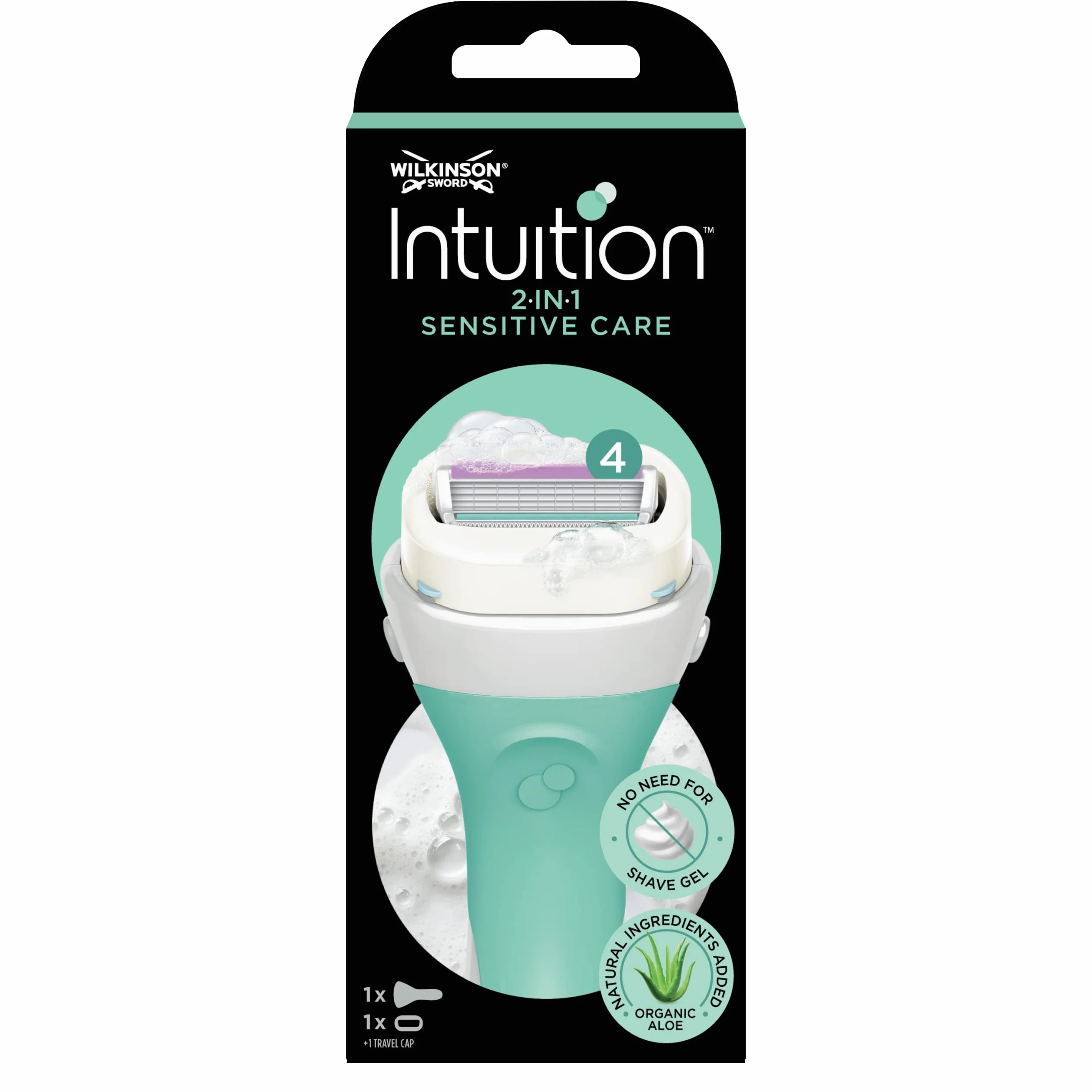 Wilkinson Sword Intuition 2 w 1 Sensitive Care Zestaw 1 uchwytu, 1 głowica zamontowana, brzytwa damska z naturalnym mydłem, zawiera aloes