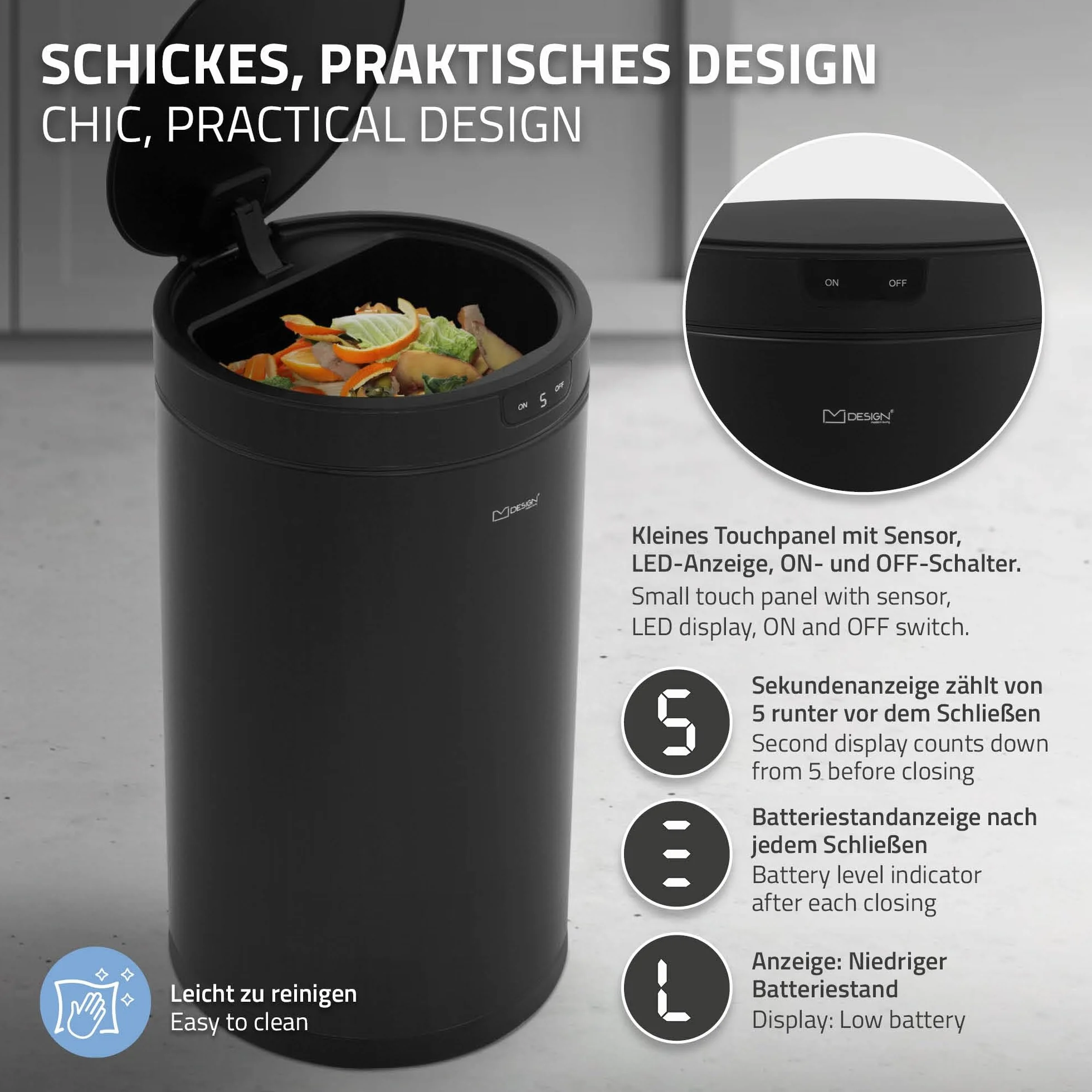 Automatyczny kosz na śmieci 30L z czujnikiem ruchu ML-Design stal czarny bezdotykowy do kuchni