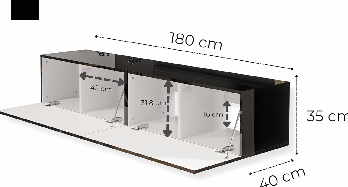 Szafka RTV Czarna Wysoki Połysk 180x40x35 cm Push-to-Open-System
