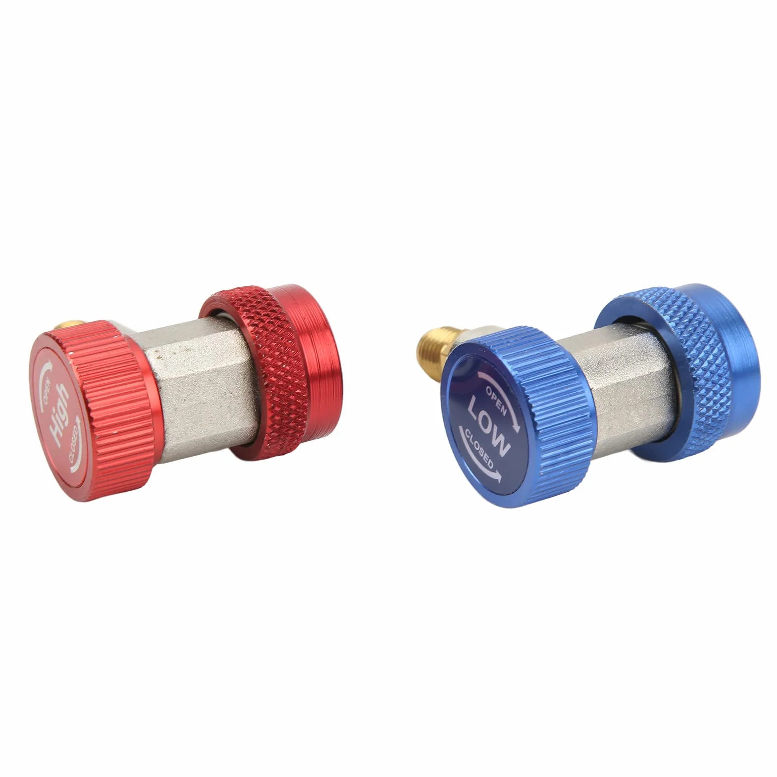 2x Szybkozłącze R134A AC do Klimatyzacji, Zestaw 2 Adapterów High Low, Czerwony do Wysokiego Ciśnienia, Niebieski do Niskiego Ciśnienia, Szybkie i łatwe Podłączanie/odłączanie