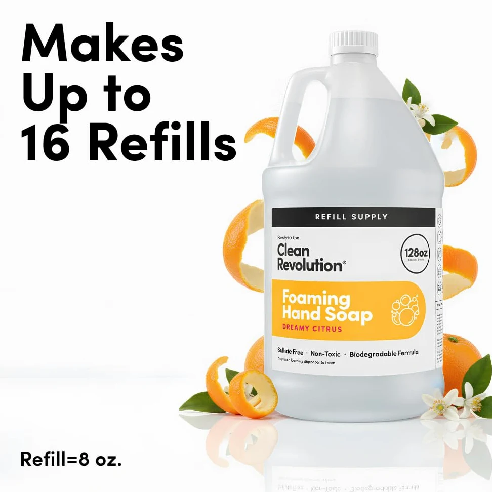 Clean Revolution Pojemnik uzupełniający do mydła do rąk, gotowa do użycia formuła, marzycielski zapach cytrusowy, 350 ml