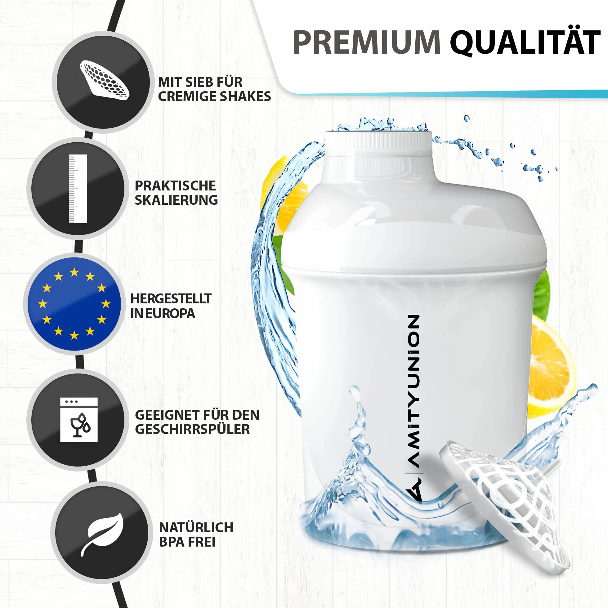 AMITYUNION Protein Shaker 400 ml - Szczelny shaker bez BPA z sitkiem i skalą