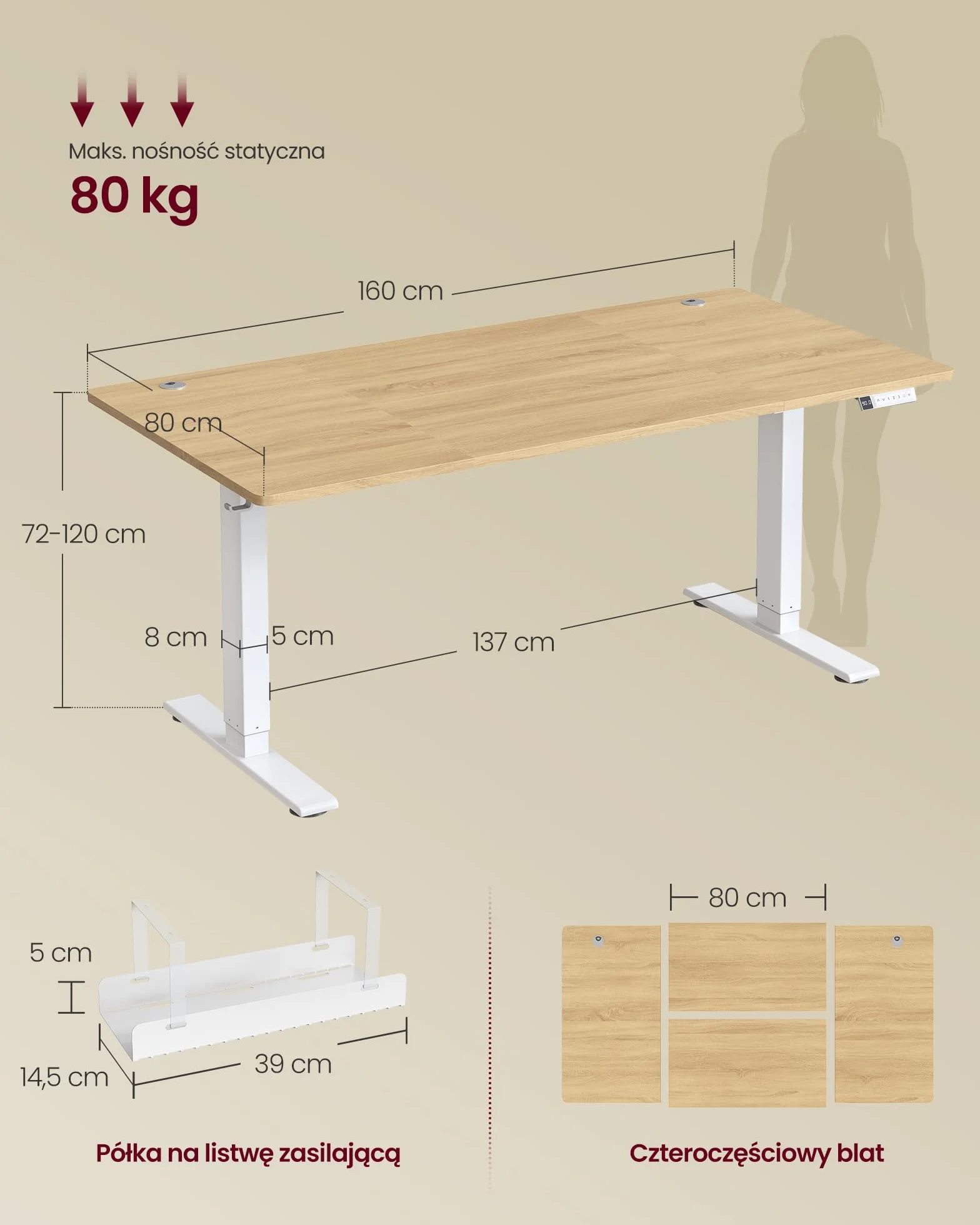 VASAGLE Biurko elektryczne z regulacją wysokości 160x80 cm USB-C funkcja pamięci 3 wysokości