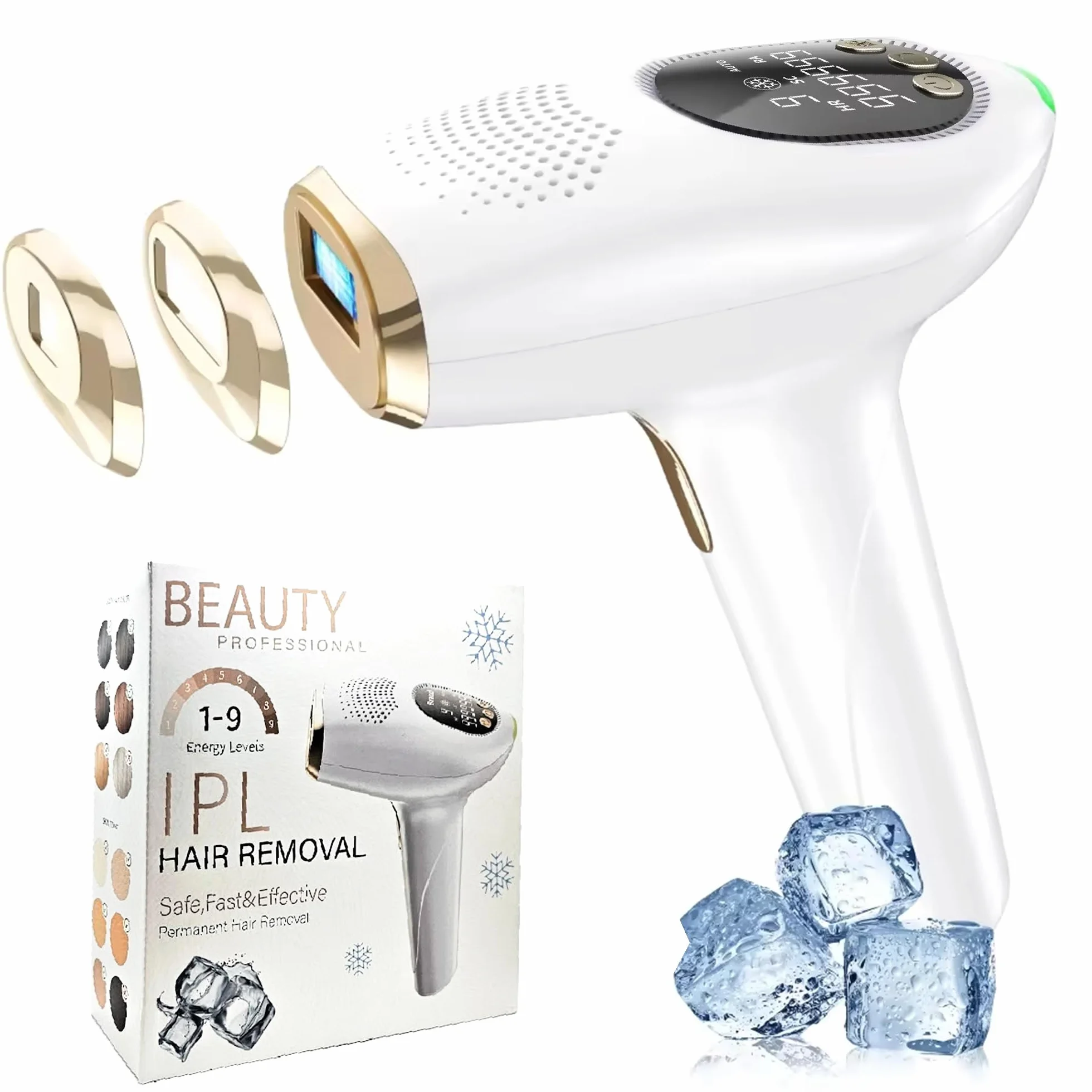 IPL Pulsed Light Depilator, urządzenie IPL funkcja chłodzenia, 2 wymienne nasadki, do 999,999 błysków, HR/RA/SC, 9 intensywności, bezbolesne laserowe usuwanie włosów dla kobiet i mężczyzn.