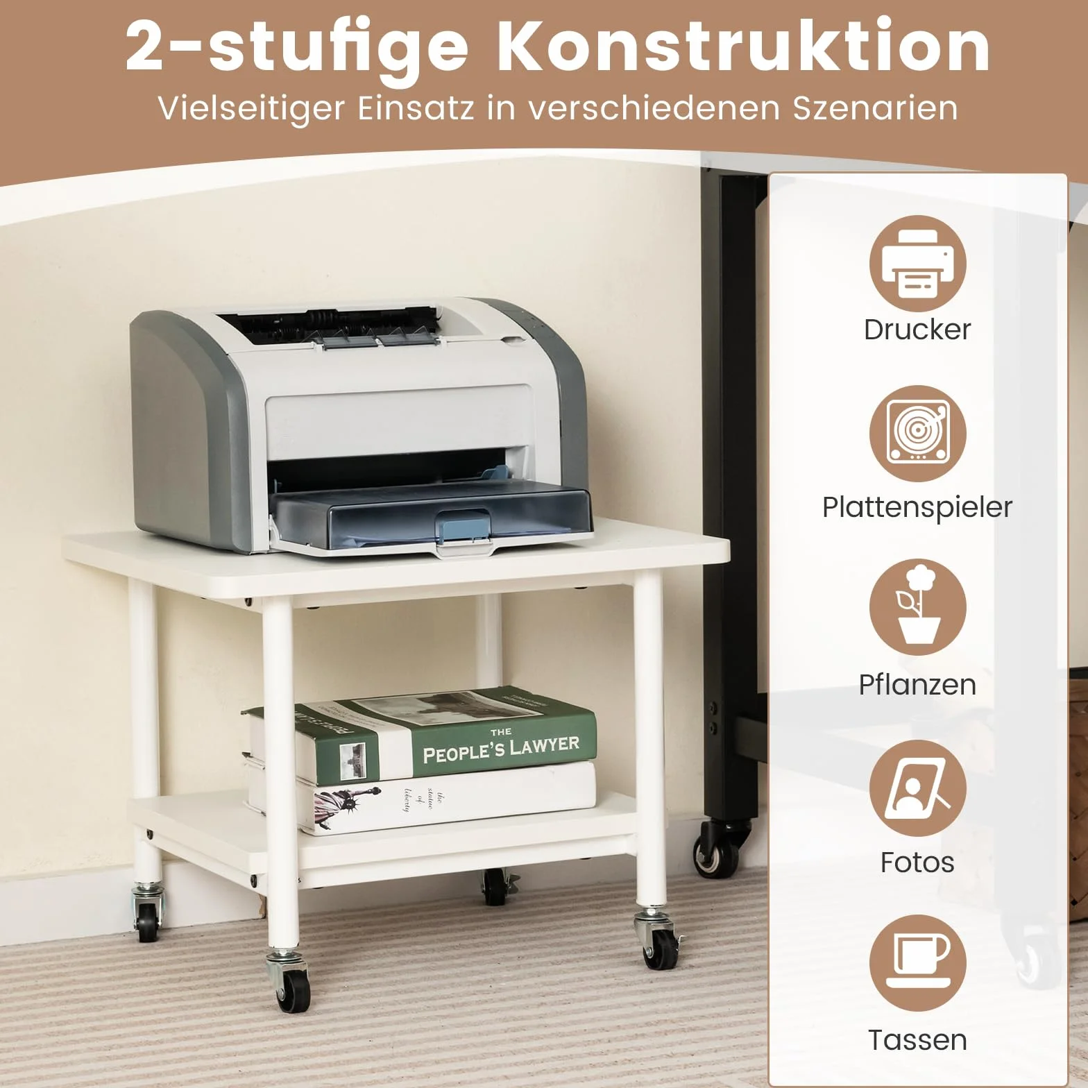 COSTWAY Stolik do drukarki z rolkami, stojak na drukarkę z regulowanymi kółkami, wózek z 2 poziomami, półka na drukarkę, uchwyt na drukarkę do biura, faks, 49 x 40 x 38 cm (całkowicie biały)