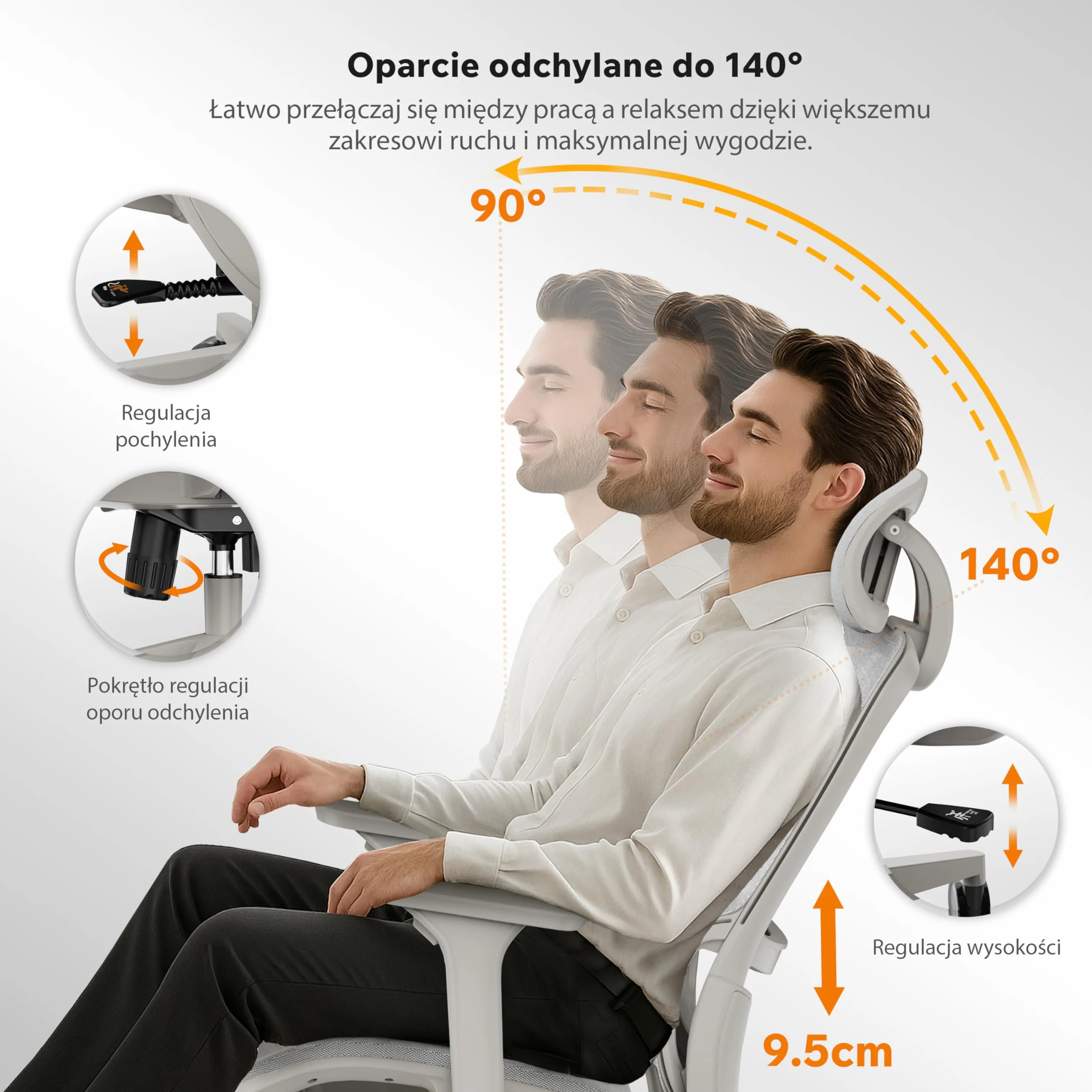 SENSE7 Krzesło Biurowe Ergonomiczne Neyo Fotel Obrotowy z Regulowanymi Podłokietnikami Zagłówek 3D Siatka Mesh Nachylenie 140° Szary