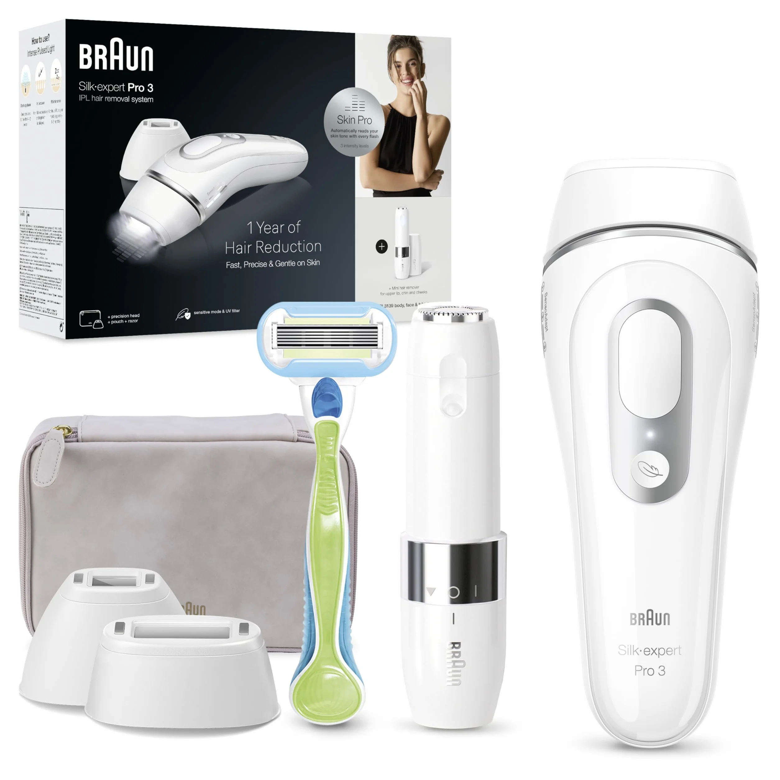Braun IPL Silk·expert Pro 3 – urządzenie do usuwania włosów IPL, trwałe i bezbolesne usuwanie włosów w domu – w zestawie etui, golarka Venus, 2 nasadki, zaprojektowane w Niemczech – PL3136, biały