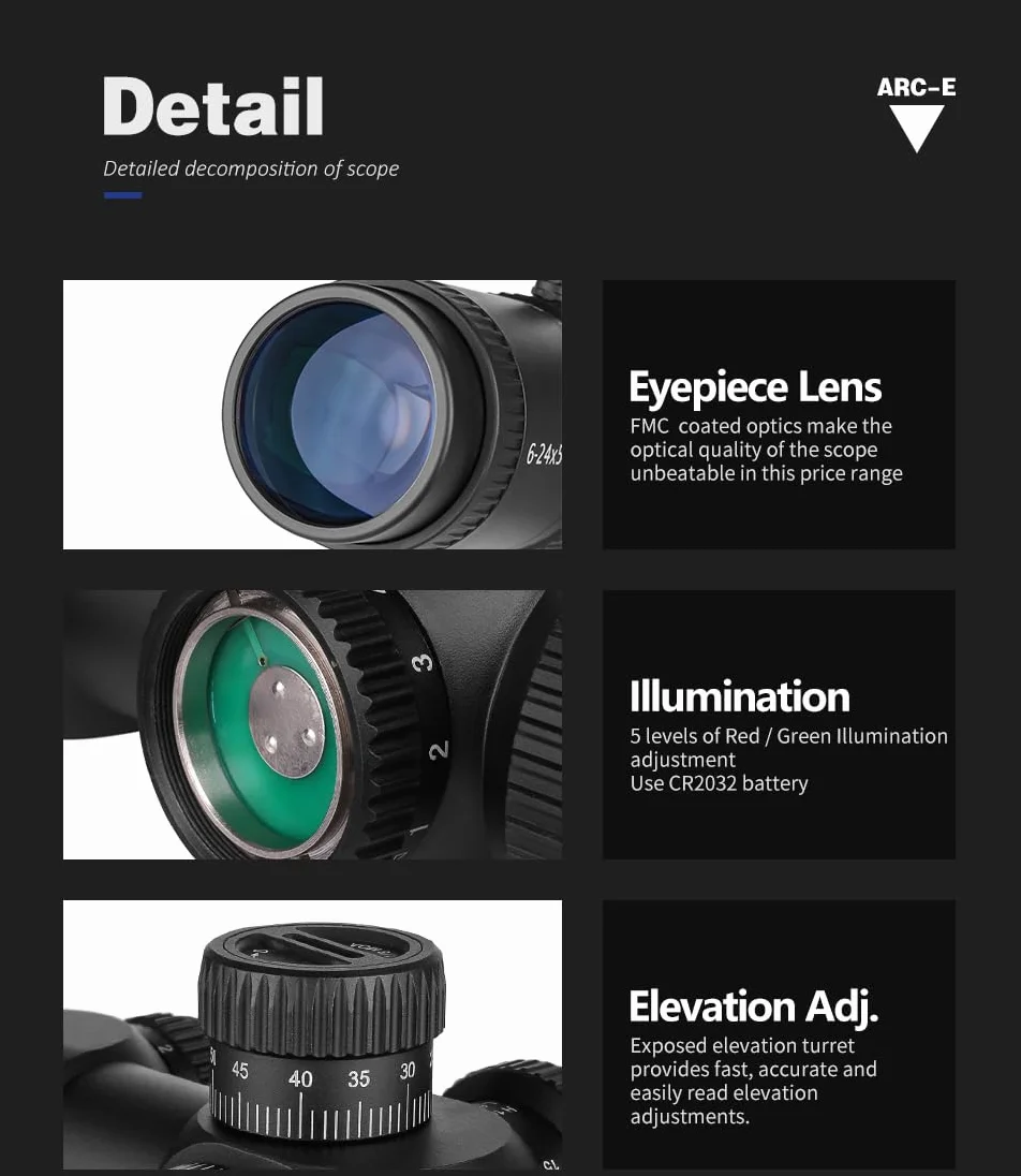 SPINA OPTICS 6-24x50 FFP First Focal Plane Rifleskopy z celownikiem Mil-Dot i regulacją paralaksy, osłona przeciwsłoneczna w zestawie, wodoodporna, przeciwmgielna czarna luneta celownicza, rurka 30 mm