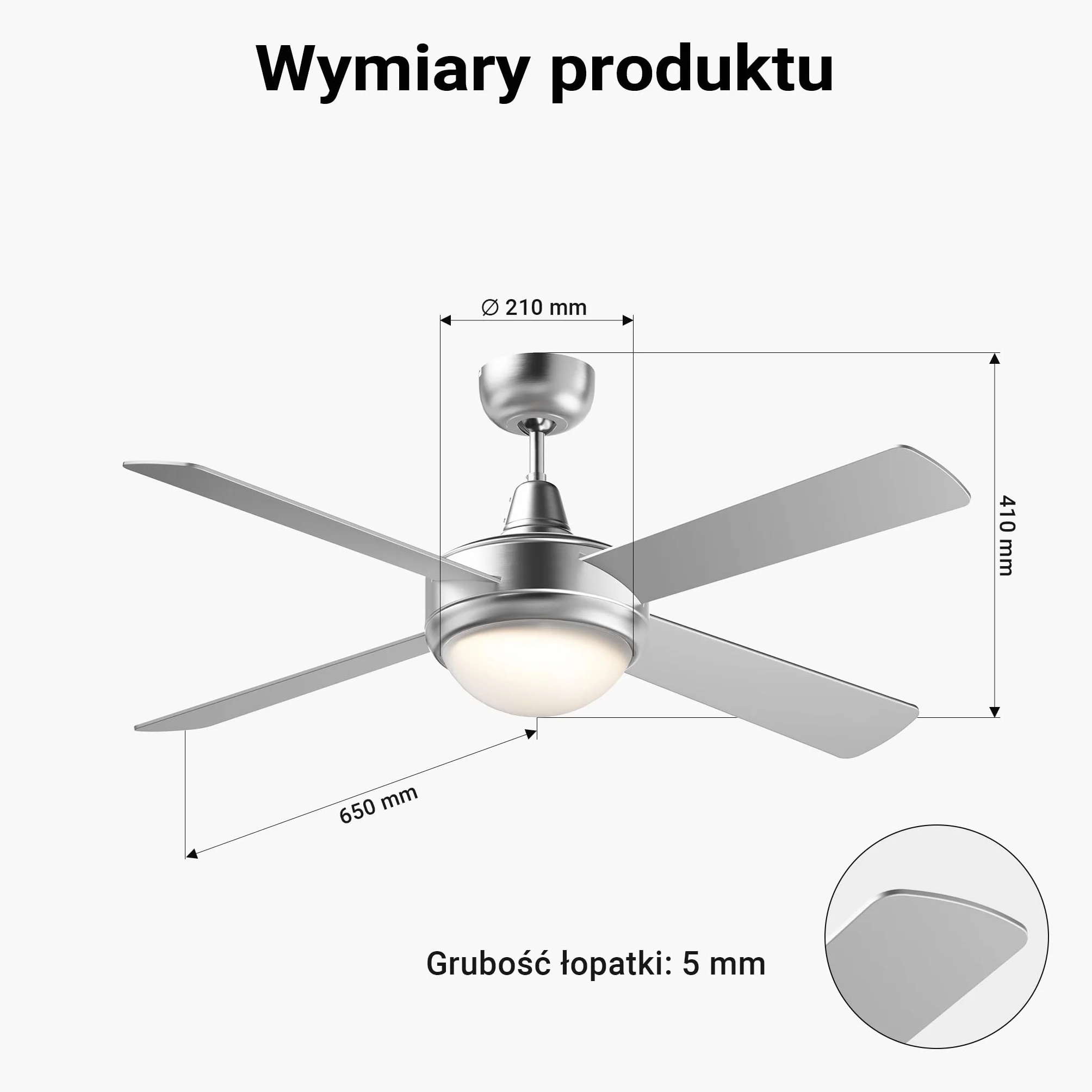 Wiltec Wentylator sufitowy Ø 130 cm z lampą 65 W pilot timer 4 łopatki 3 prędkości tryb letni zimowy