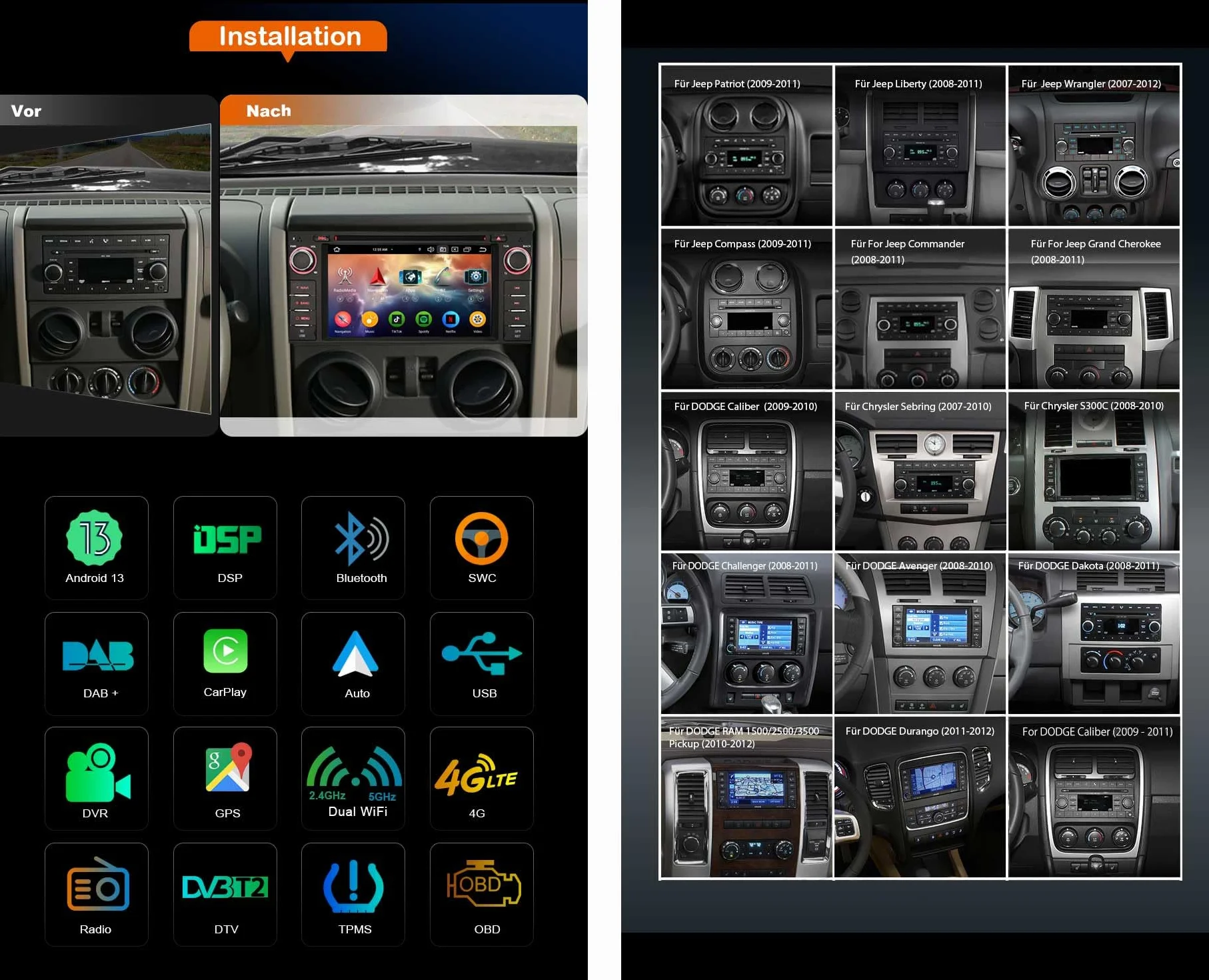 erisin Radio samochodowe z systemem Android 13, 8 rdzeni, nawigacja do Jeep Compass, Wrangler, Dodge, Challenger Chrysler, Carplay, Android, GPS, Sat, NAV, DSP, Bluetooth 5.0, WiFi, RDS, odtwarzacz