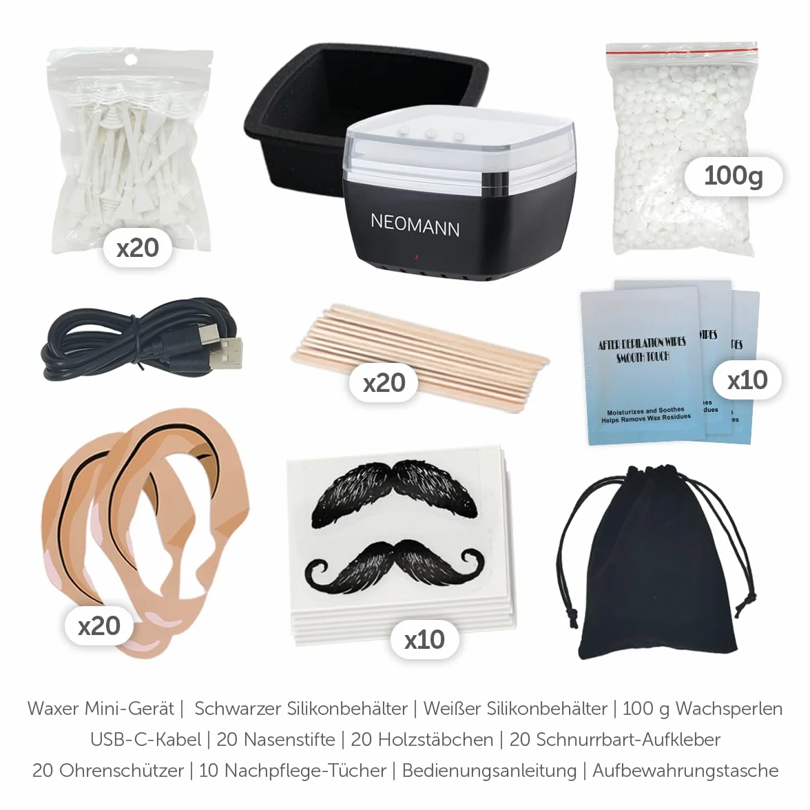 Waxer Mini zestaw do usuwania włosów z twarzy, brwi i nosa – Waxer Mini podgrzewacz wosku z 100 g pereł woskowych, aplikatorami, ochroną wosku i etui