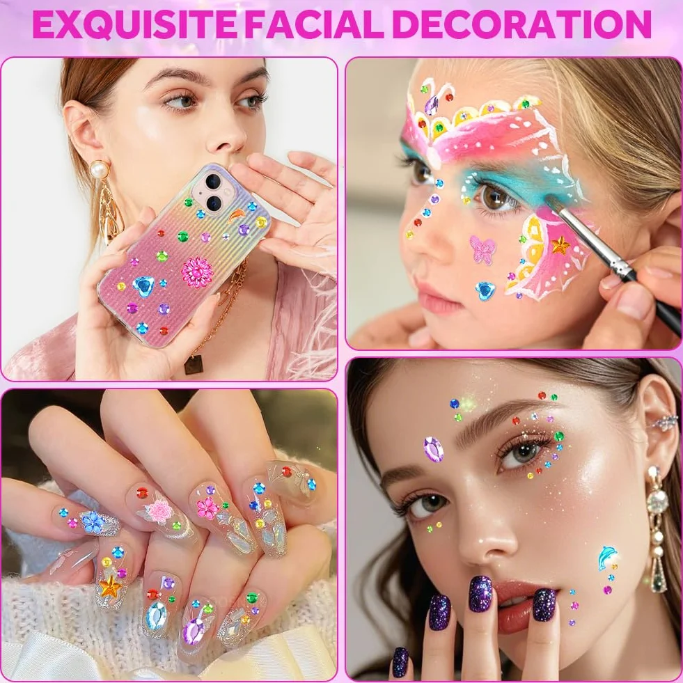 Vicloon 2300+ brokatowe naklejki na twarz do dekoracji twarzy 10 sztuk diamentowych brokatowych naklejek samoprzylepnych na twarz do dekoracji paznokci dla dzieci DIY DIY karty