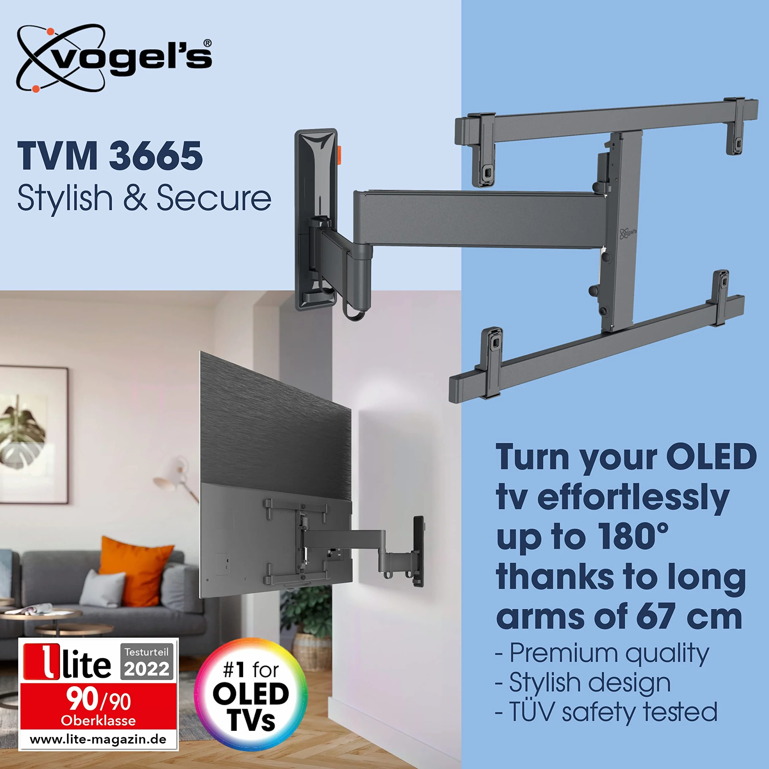 Vogel's TVM 3665 obrotowy uchwyt ścienny OLED do telewizorów 40-77", maks. 35 kg, obracany do 180°, uchwyt OLED Full-Motion maks. VESA 600 x 400, uniwersalna kompatybilność