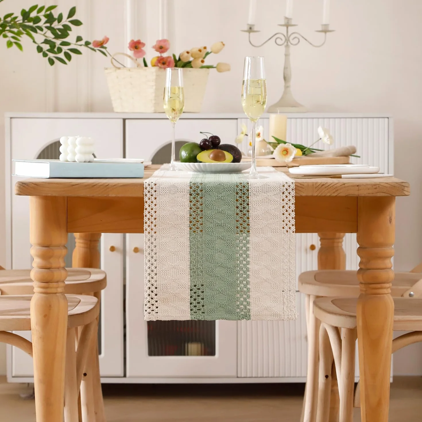 Bieżnik na stół eukaliptusowy 30 x 100 cm bawełna len makrama boho