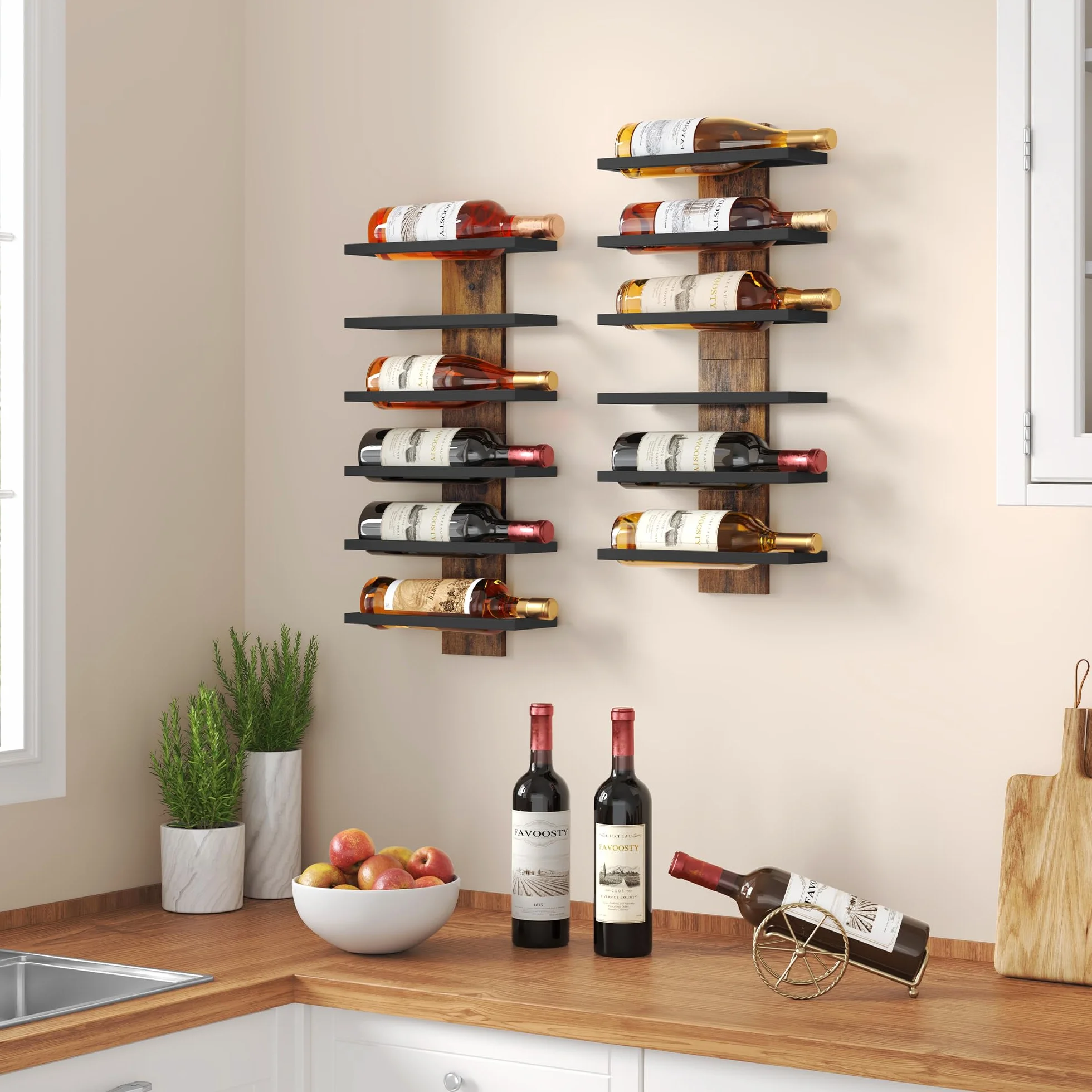FAVOOSTY Wiszący Regał na Wino, Metalowy 6-Poziomowy do Piwnicy,wina, do jadalni, sypialni, piwnicy wino,czarny