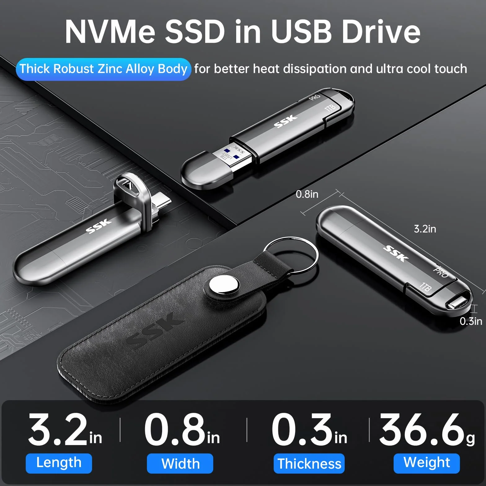 SSK Zewnętrzny dysk SSD 1TB, USB 3.2 Gen 2 Przenośny dysk SSD prędkość do 1000 MB/s, podwójny USB C i zewnętrzny dysk półprzewodnikowy do iPhone'a 15/16/17-Series/PS4/Android Telefon / Tablet/Windows