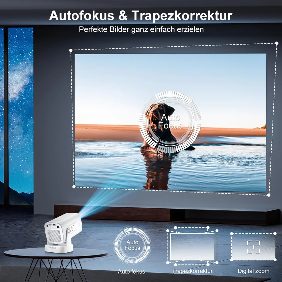 HY260pro Inteligentny Projektor 4K, Mini Projektor z WiFi 6 Bluetooth 5.4, 1080p Full HD, Przenośny Projektor z Systemem Android 14.0, Obrót o 270°, Do Sypialni, na Zewnątrz