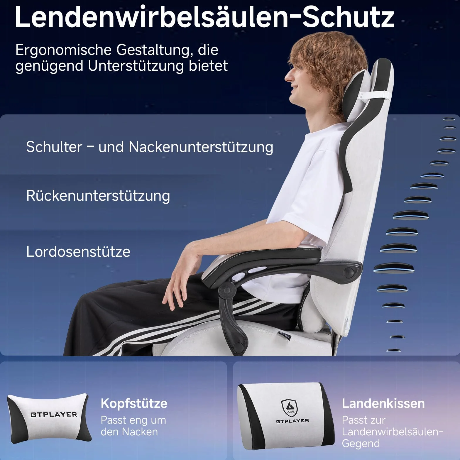 GTPLAYER Fotel gamingowy ergonomiczny materiałowy z podparciem lędźwiowym nośność 150 kg szary