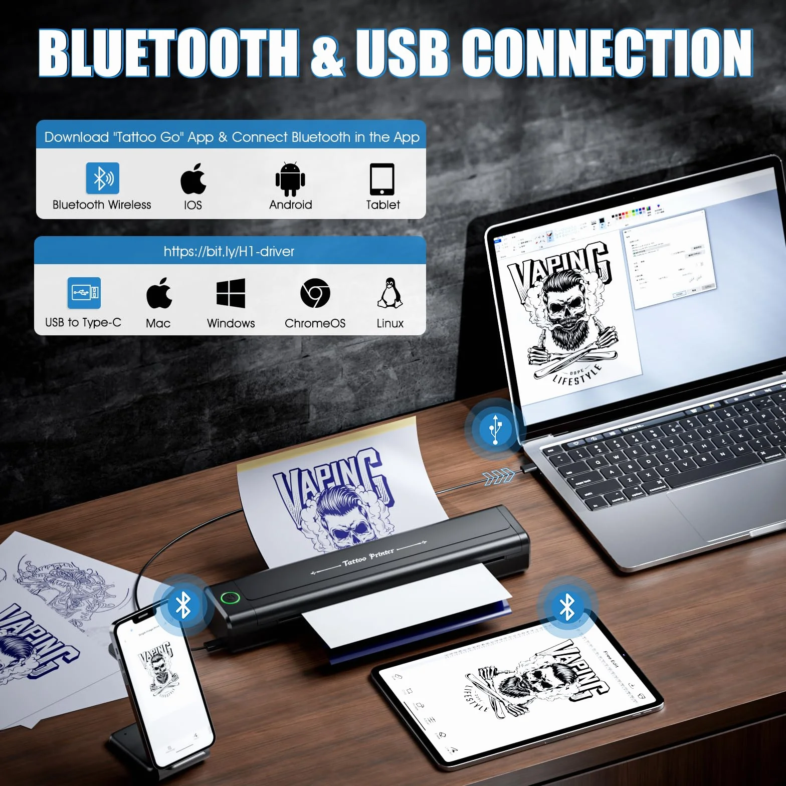H1 Drukarka do Tatuażu, Bluetooth drukarka szablonowa z 10 arkuszami papieru transferowego, Drukarka Termiczna do Tatuażu, Termokopiarka do tatuażu kompatybilna ze smartfonami i komputerami