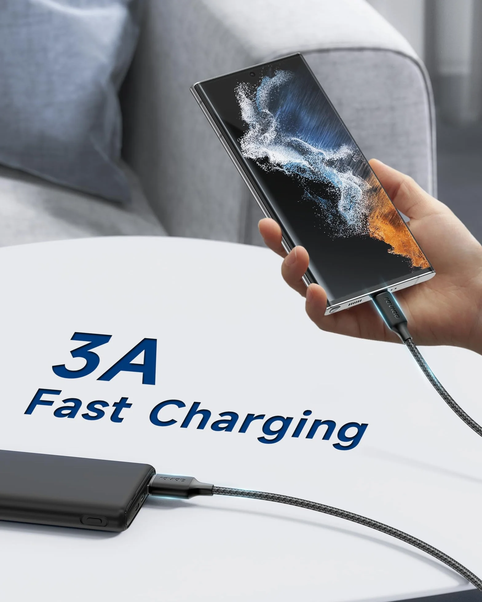 RAVIAD Kabel USB C 2 m szybkie ładowanie 3A nylonowy pleciony kabel typu C kompatybilny z iPhone 15/15 Pro/15 Pro Max, Samsung Galaxy S24/S23/S22/S21/S10, Note 20 10, Google Pixel - czarny