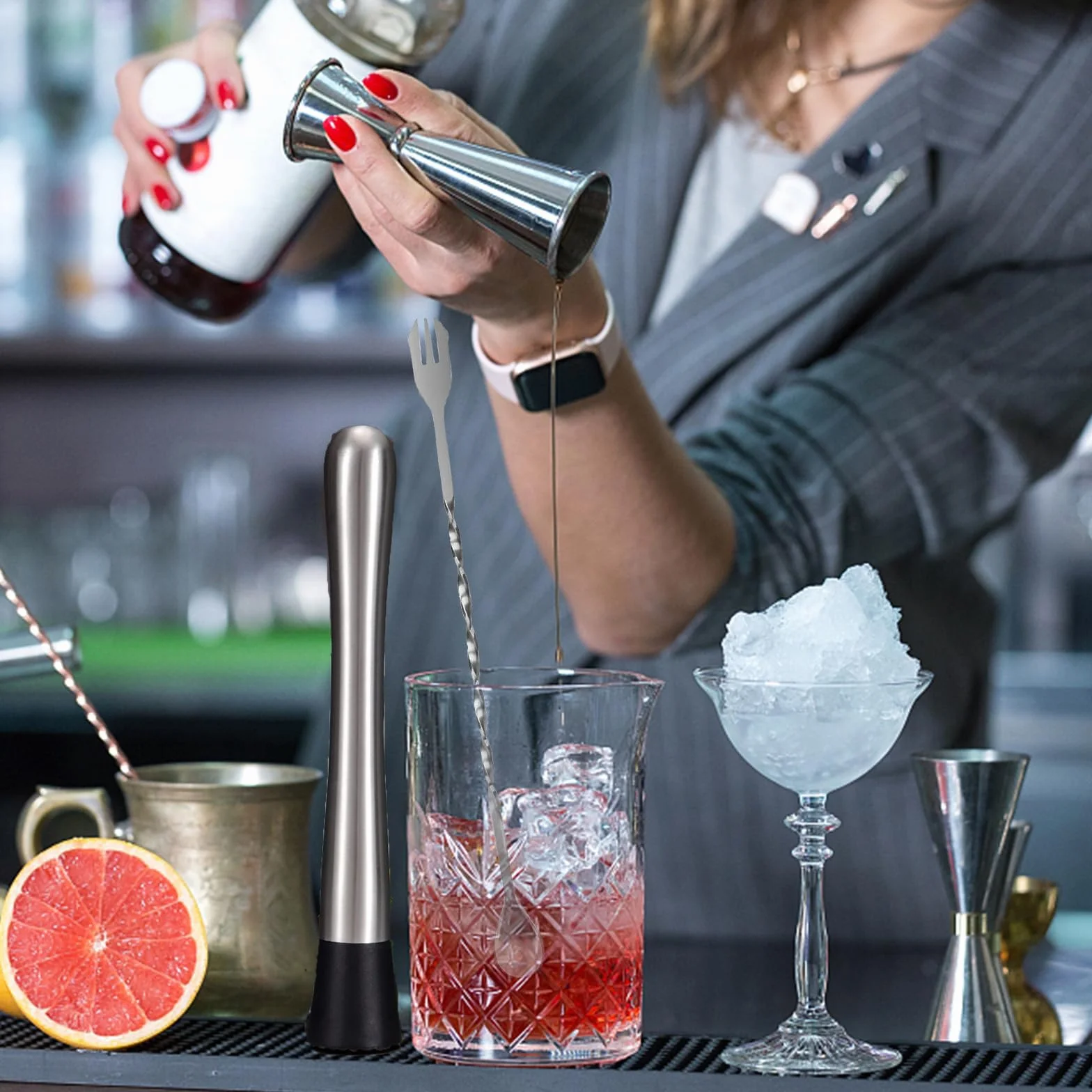 Tłuczek do koktajli ze stali nierdzewnej z łyżką barową, akcesoria do mojito