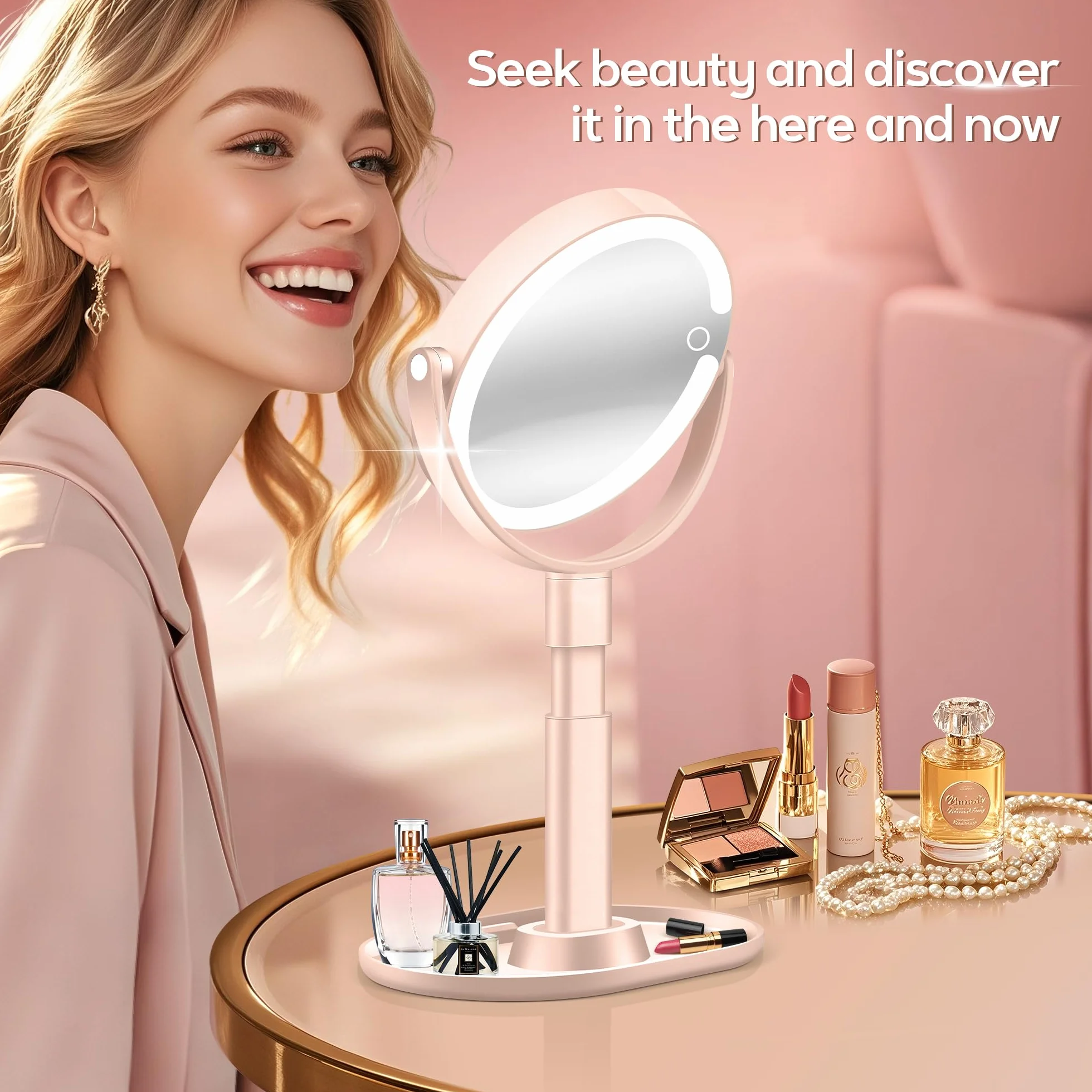 B Beauty Planet Podświetlane lustro do makijażu, 20 x powiększające, 3 kolorowe światło, ściemniane diody LED i regulacja wysokości, 2-stronne lusterko kosmetyczne do łazienki, prezent dla kobiet