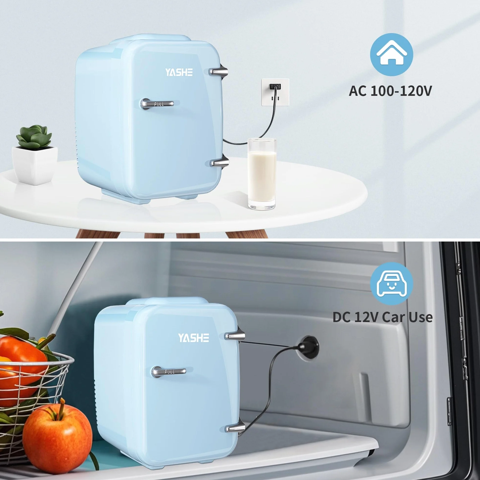 YASHE Mini lodówka pokojowa 4 l, 220 V AC/12 V DC, termoelektryczna podgrzewacz do napojów, niebieski
