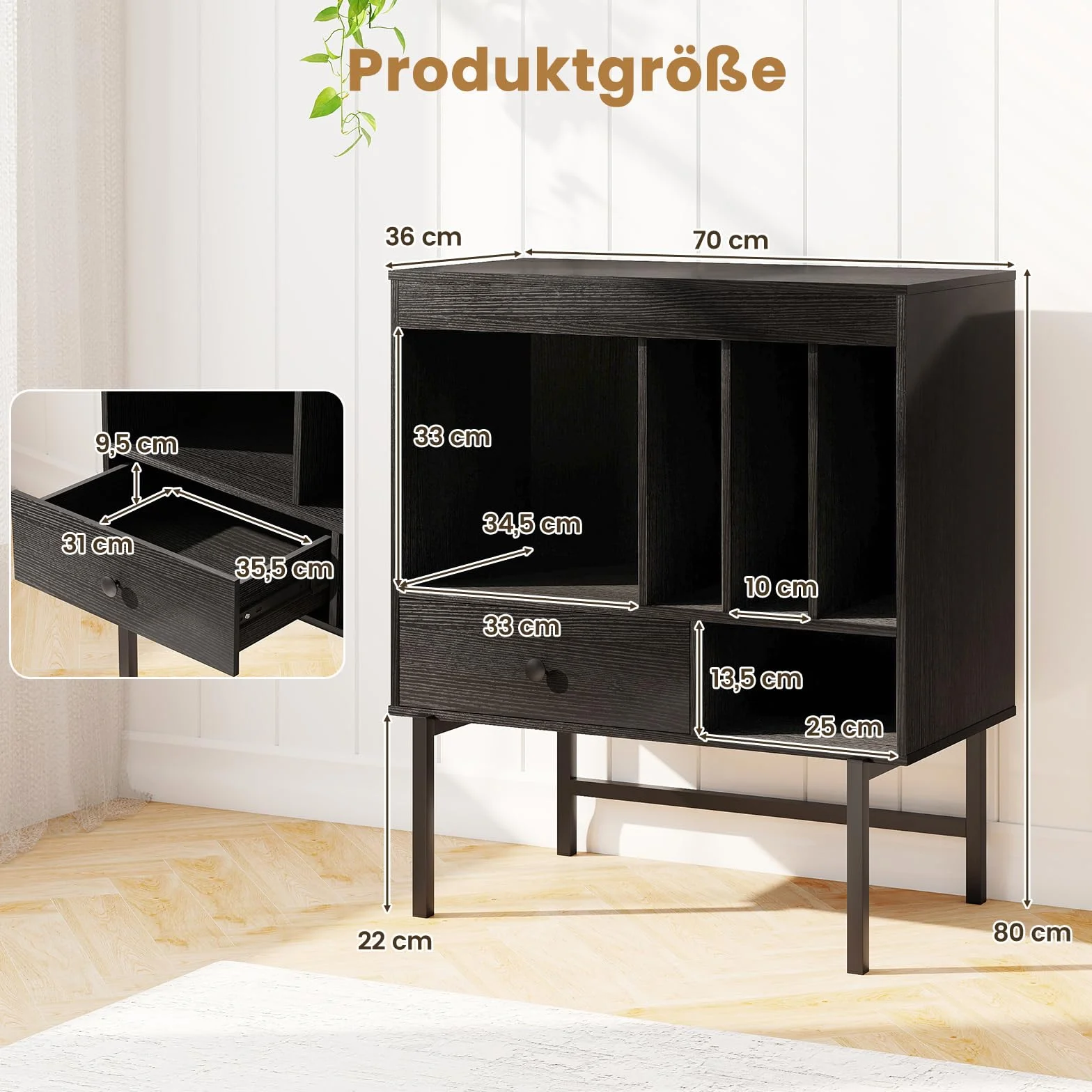 COSTWAY Stojak na gramofony, nowoczesna, winylowa szafka do przechowywania z otwartymi przegródkami, uchwytami na albumy i szufladą, szafka dostawiana z drewna do pokoju muzycznego i salonu, 70 x 36 x