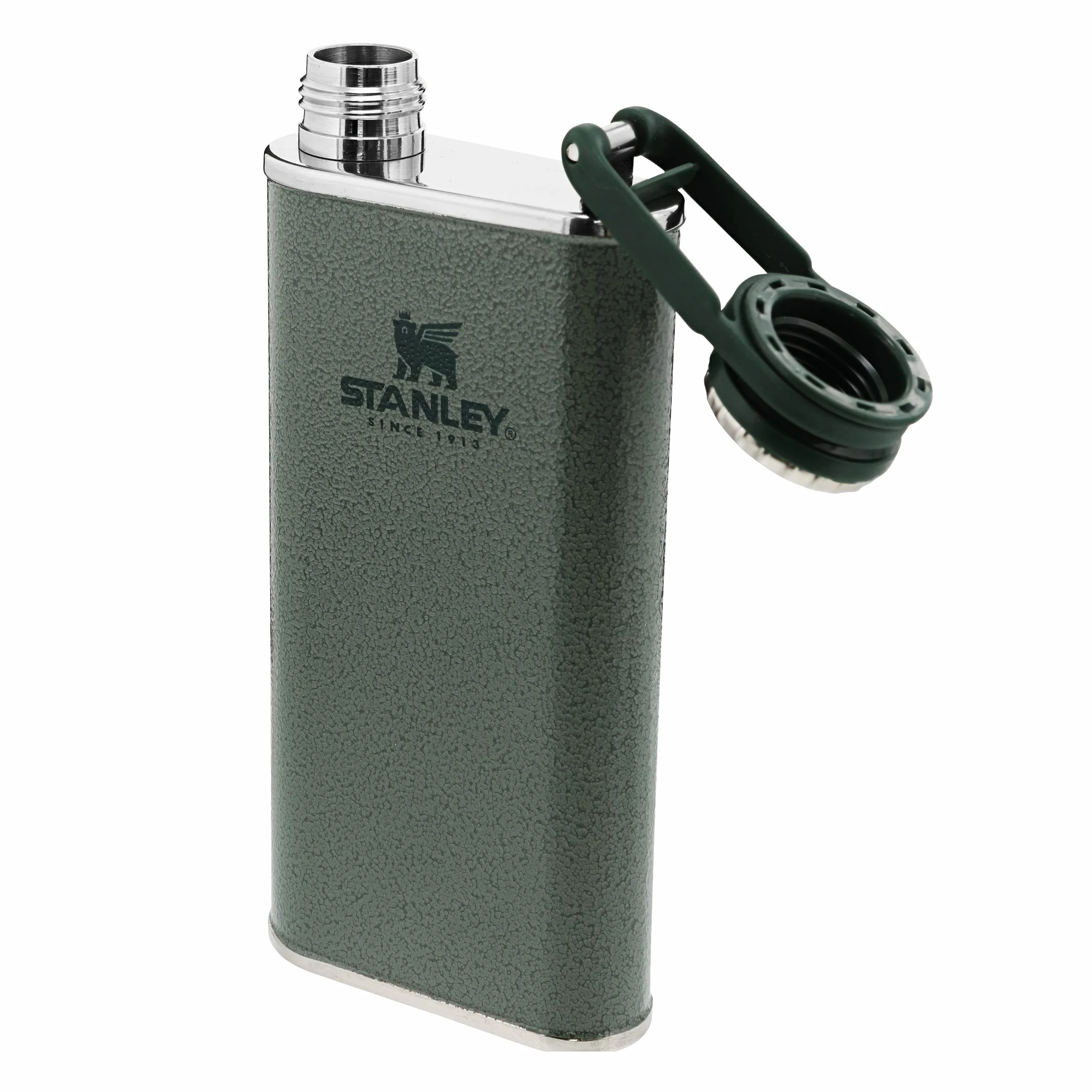 Stanley 1913 Classic Wide Mouth Flask 0.23L Hammertone Green with Never-Lose Cap - Piersiówka ze Stali Nierdzewnej z szerokim otworem do łatwego napełniania i nalewania - Szczelna piersiówka BEZ BPA
