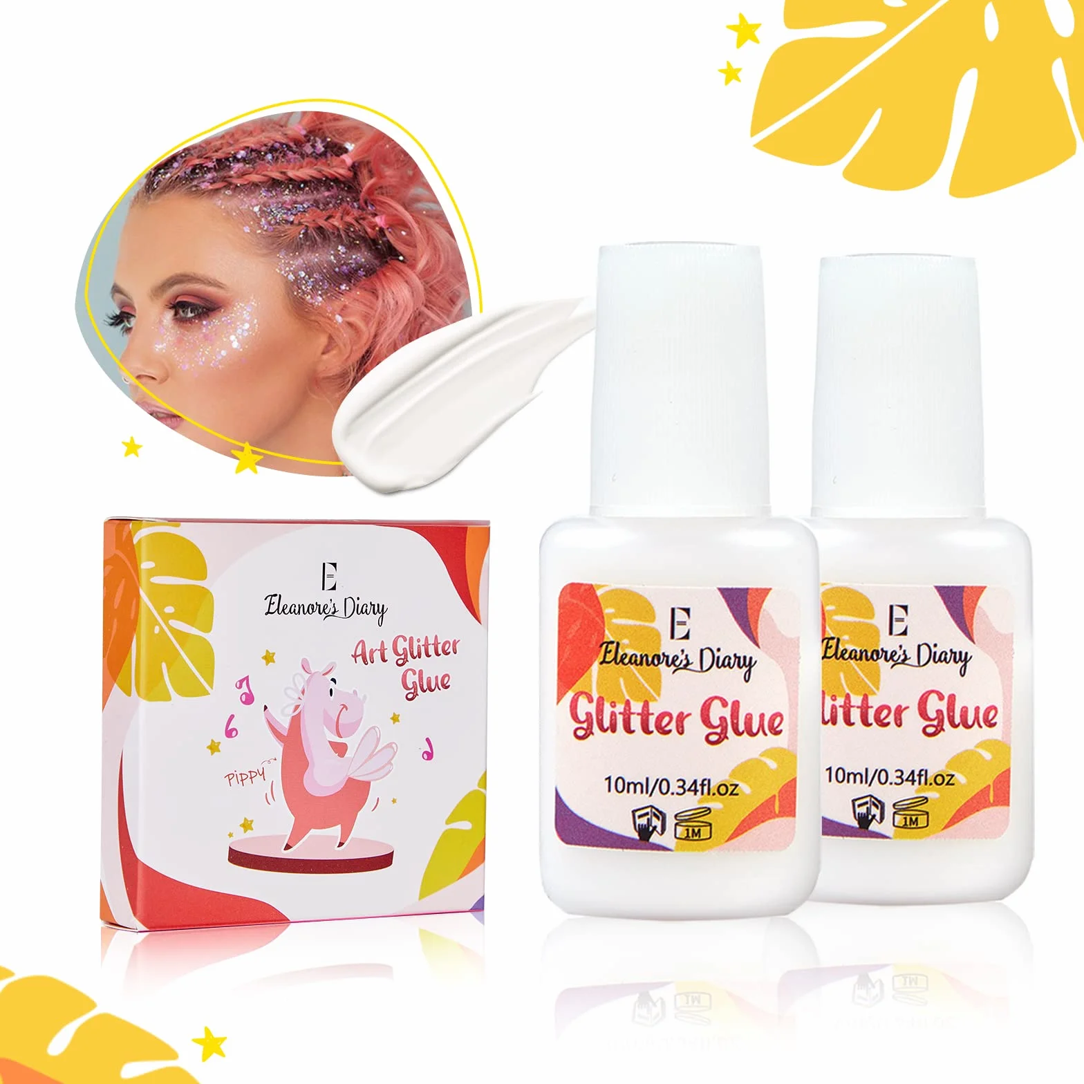 Klej do skóry z brokatem, Eleanore's Diary 10 ml*2 Glitter Glue, klej do brokatu, bezzapachowy i nietoksyczny, brokatowy klej do tatuażu na karnawał, makijaż, Halloween, Boże Narodzenie, cosplay