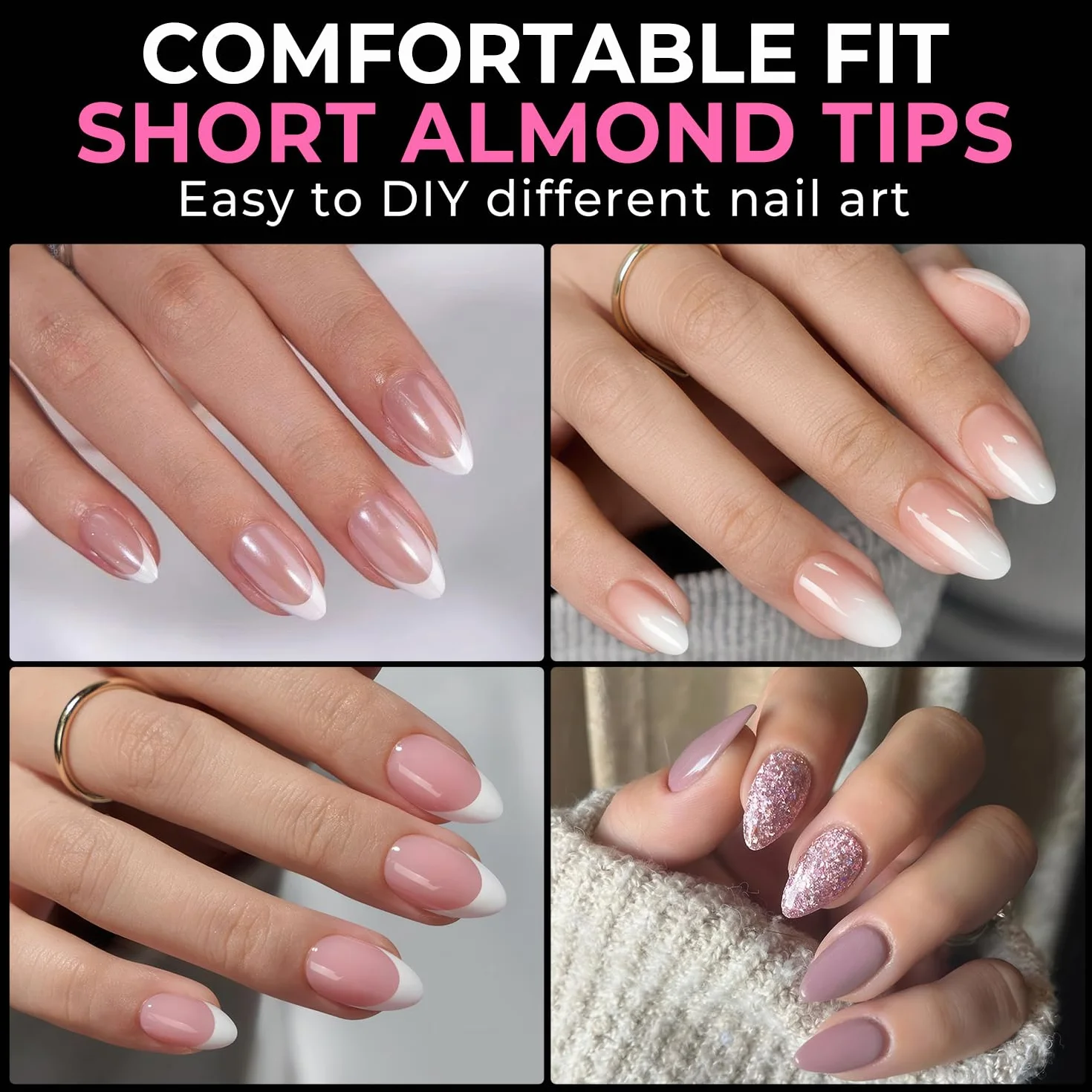 UNA GELLA Kurze Mandel Nail Tips, 216 Stück 12 Größen Nageltips für Gelnägel Soft Gel Full Cover Press On Nails Almond für Nagelverlängerung, Home DIY Nail Art & Nagelstudio
