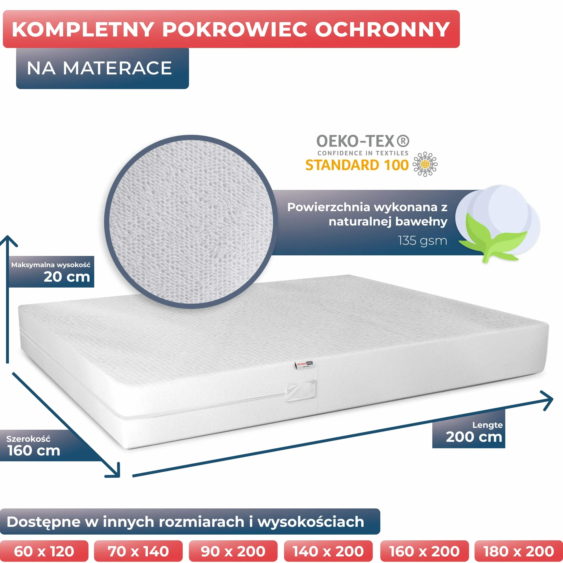 WRAPPYBAG® Wodoodporny pokrowiec ochronny na materac bawełniany 14 rozmiarów