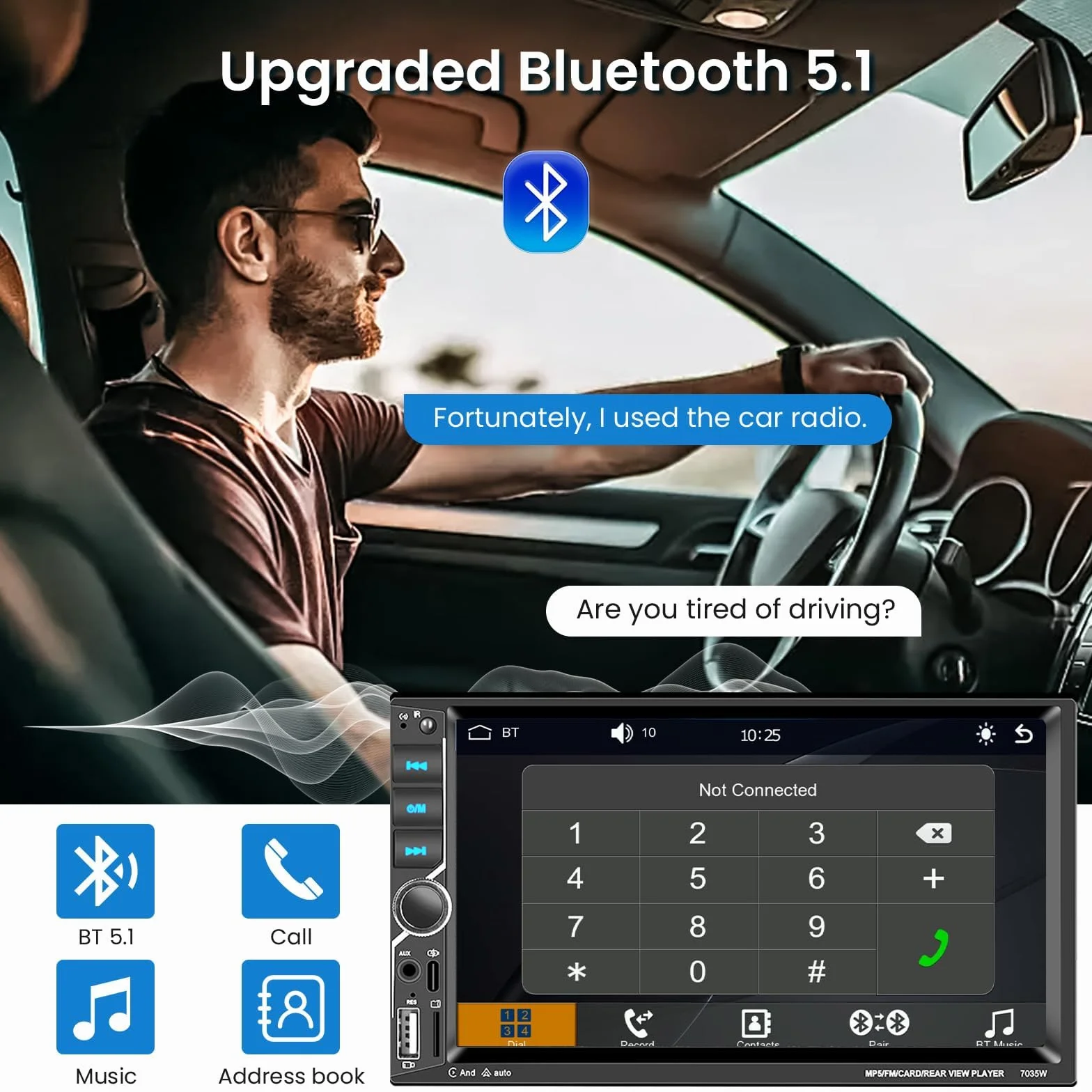 VECHTEL Radio samochodowe 2 DIN z bezprzewodowym Carplay Android Auto, 7-calowy ekran dotykowy, radio samochodowe Bluetooth, radio FM, Typ-C/USB/TF/AUX, MirrorLink, kamera cofania, sterowanie zdalne